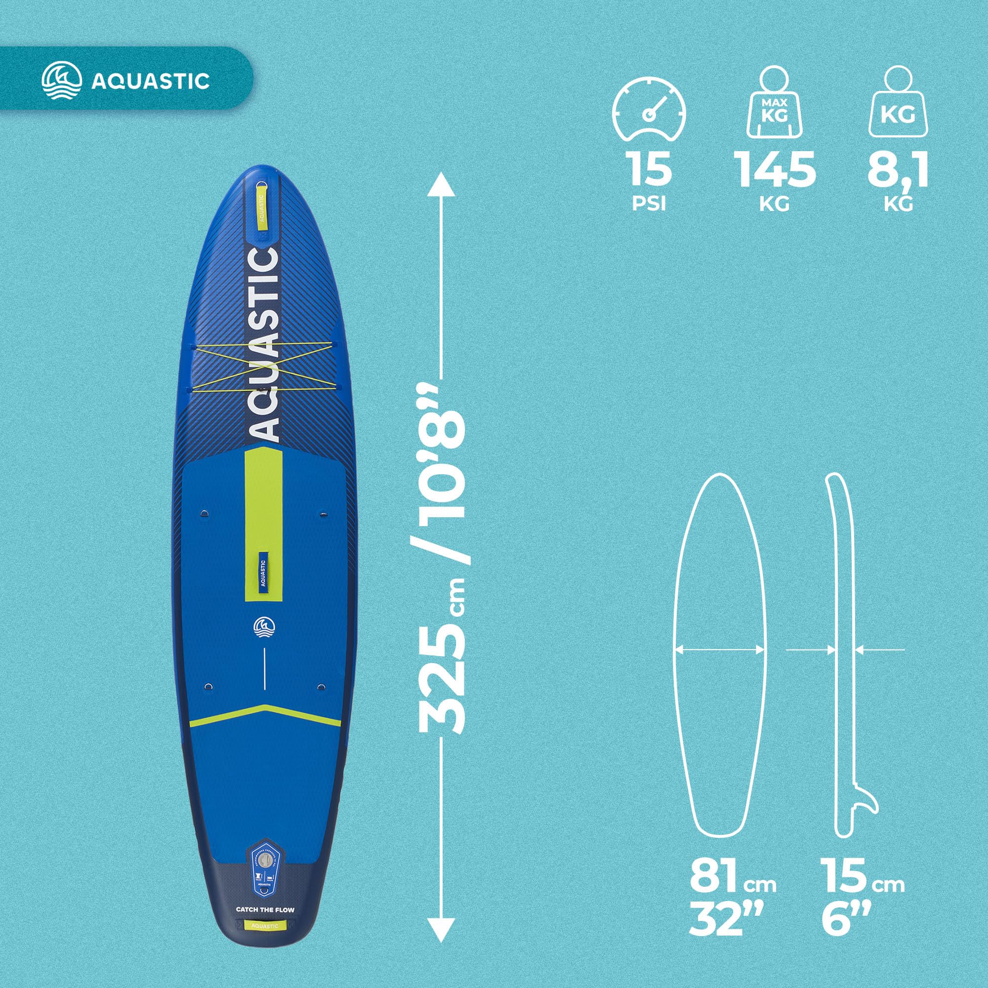 AQUASTIC Paddleboard Perth 10'8″ – zestaw SUP z plecakiem 42 × 23 × 92 cm, 3 uchwytami, siedziskiem kajakowym, 3 mm pianki EVA, balastem 9", 300 cm leash i zestawem naprawczym