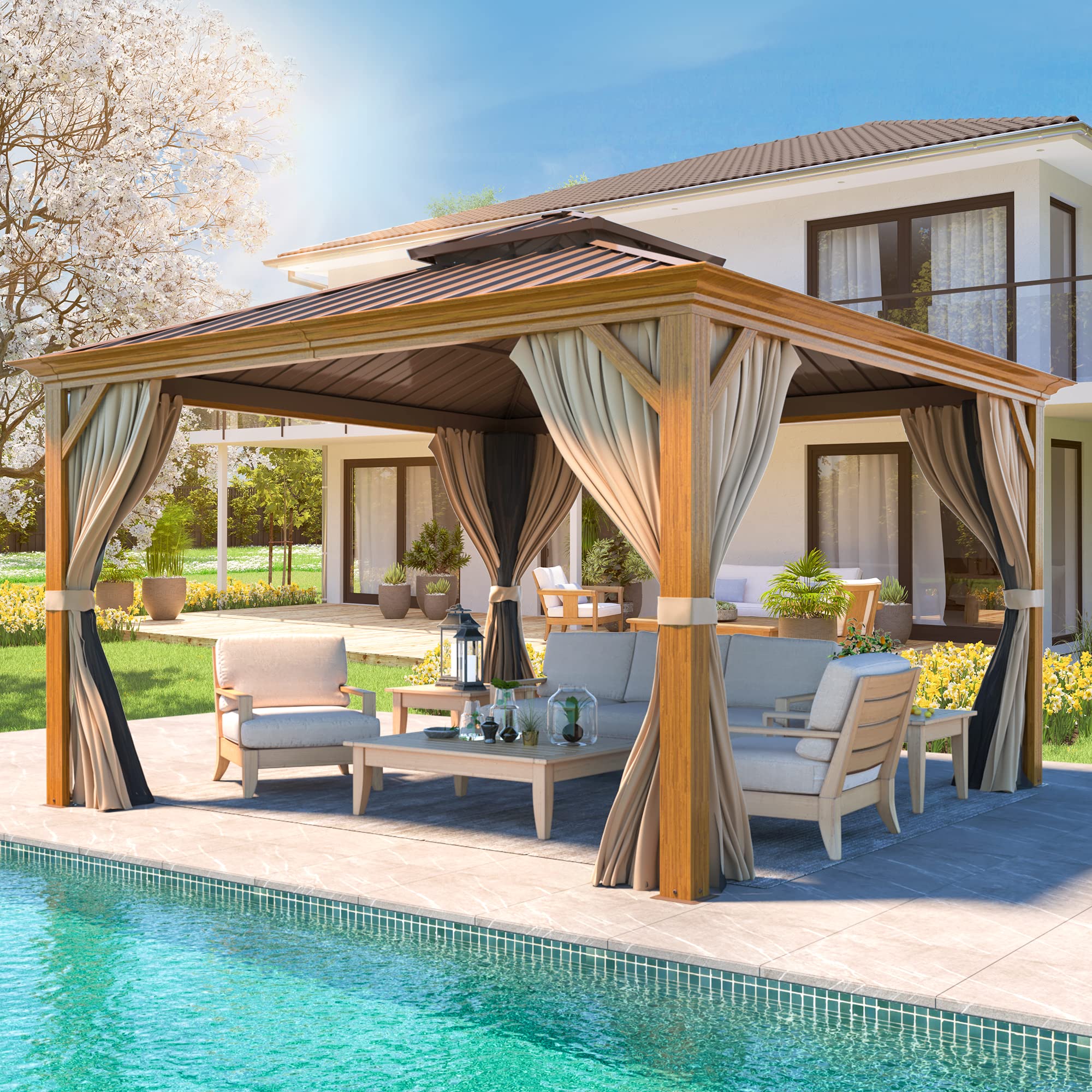 YOLENY Gazebo rigido da 30,5 x 30,5 cm, in finto legno, con struttura in alluminio, doppio tetto in acciaio zincato, pergole permanenti per esterni, gazebo pergolato con tende a rete per cortile,