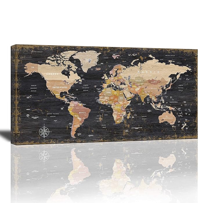 Buy World Map Wall Art Black Wood Grain Retro Map of The World Nautical