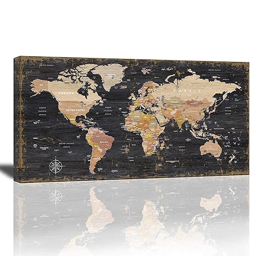 World Map Wall Art Black Wood Grain Retro Map of
