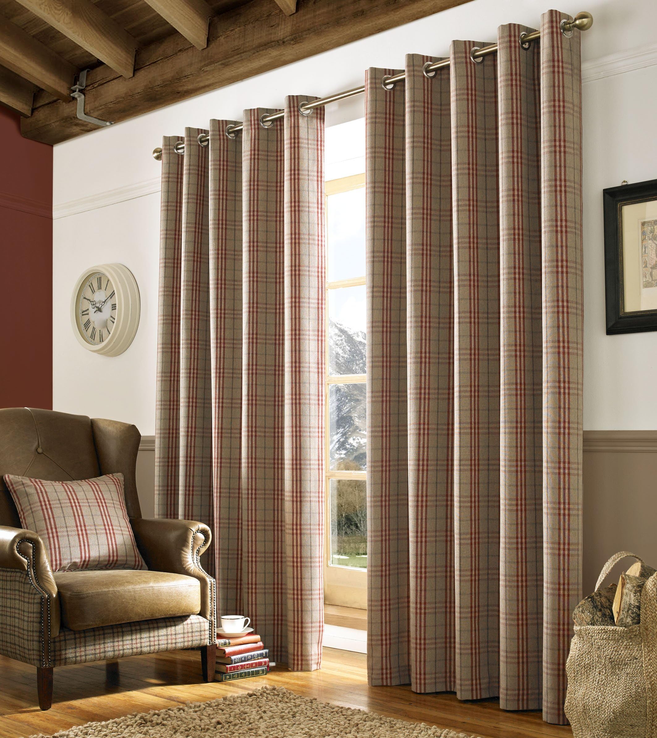 Ashley Wilde Archie Red Tartan Check Eyelet Curtains, polyester