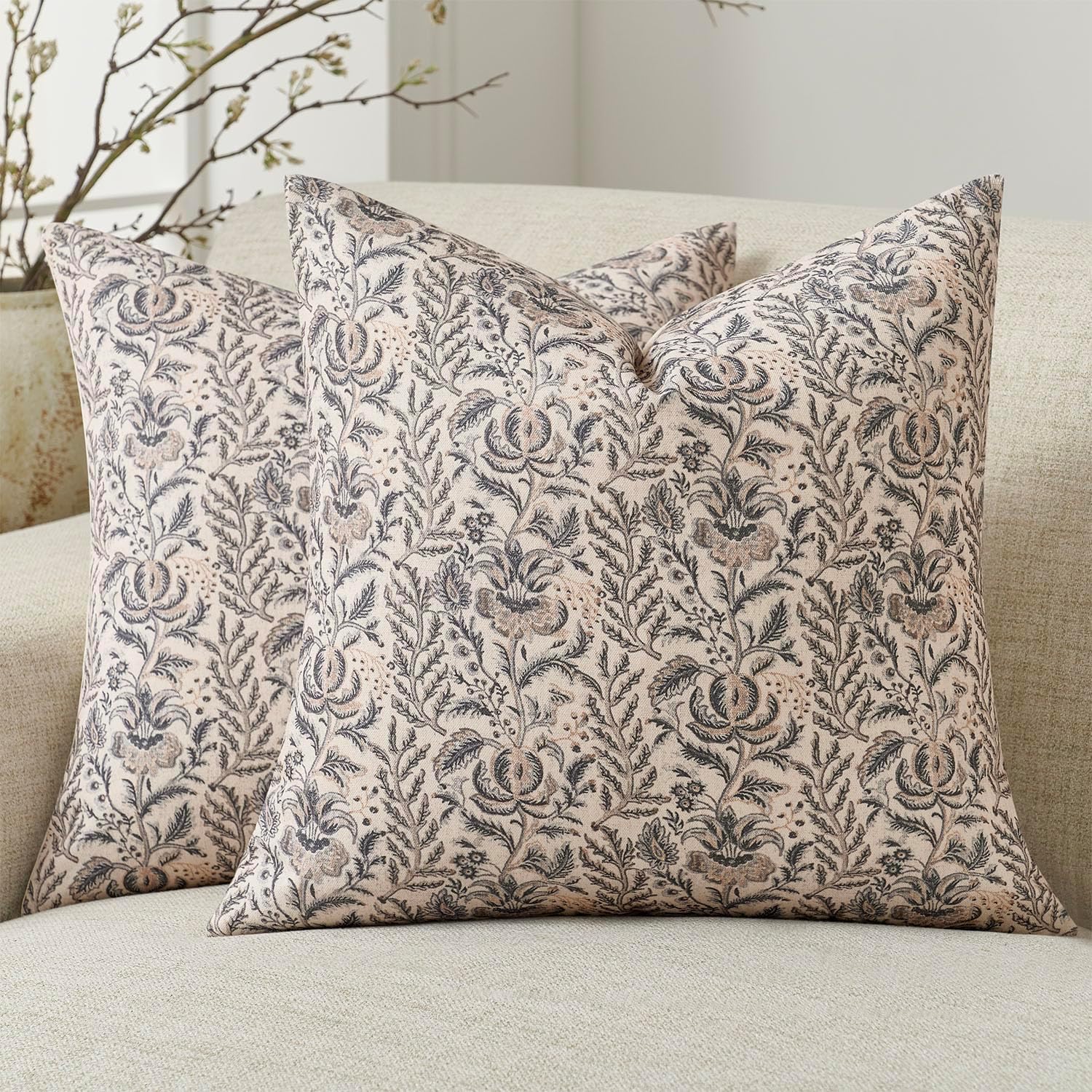 Amor Virisso Floral Pillow Covers 18x18 Set of 2 Vintage Block Print Pillow Covers Neutral Floral Striped Farmhouse Accent Decorative Pillow Covers for Sofa Bed, Yellow