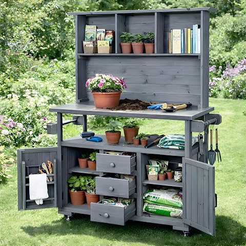Merax 65''H Large Garden Storage Potting Bench with Lockable Wheels, Wood Outdoo