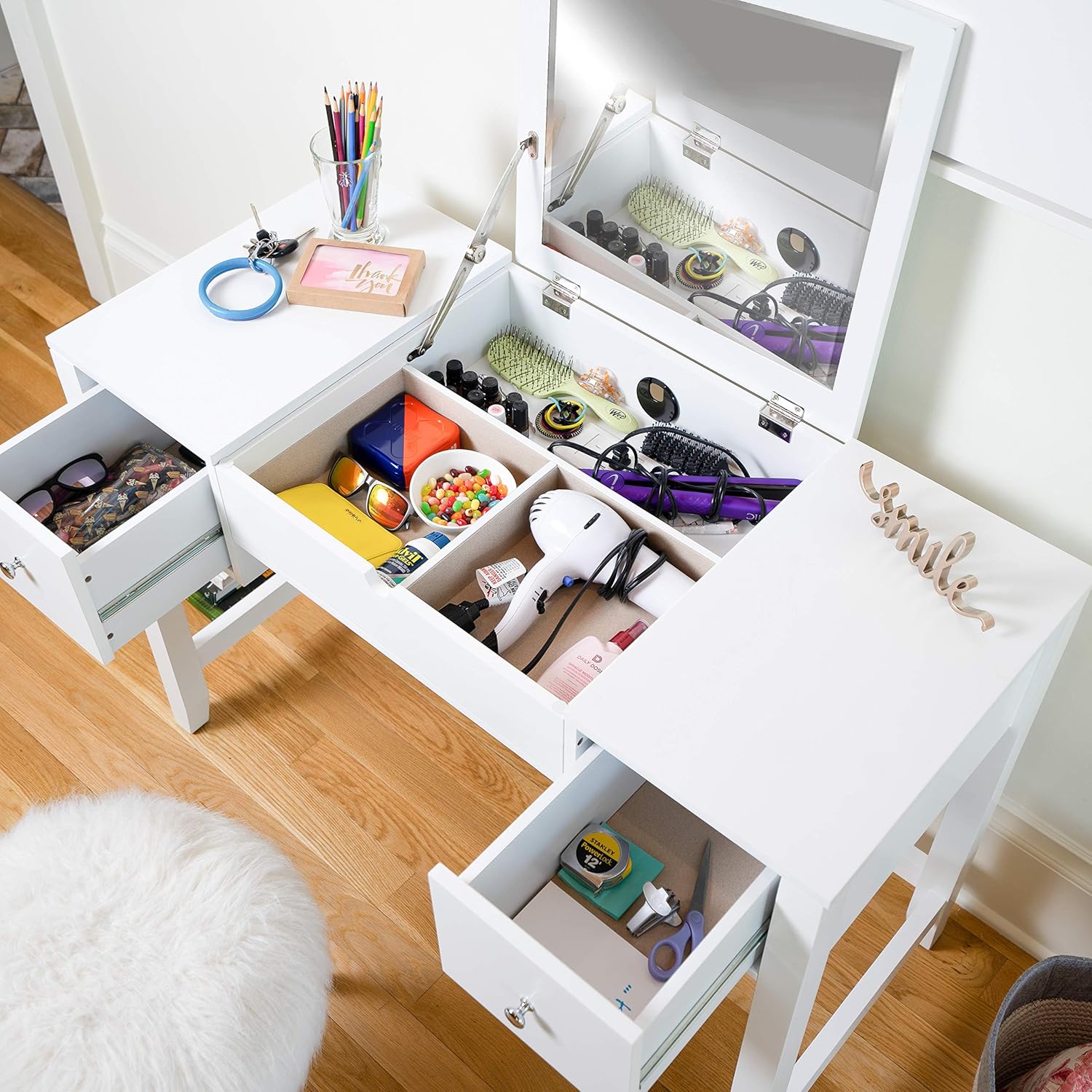 Hives and Honey Harley Vanity Desk – Large Mirror, Storage Drawers, Compact Makeup Table or Workstation, Transitional Style, White Finish