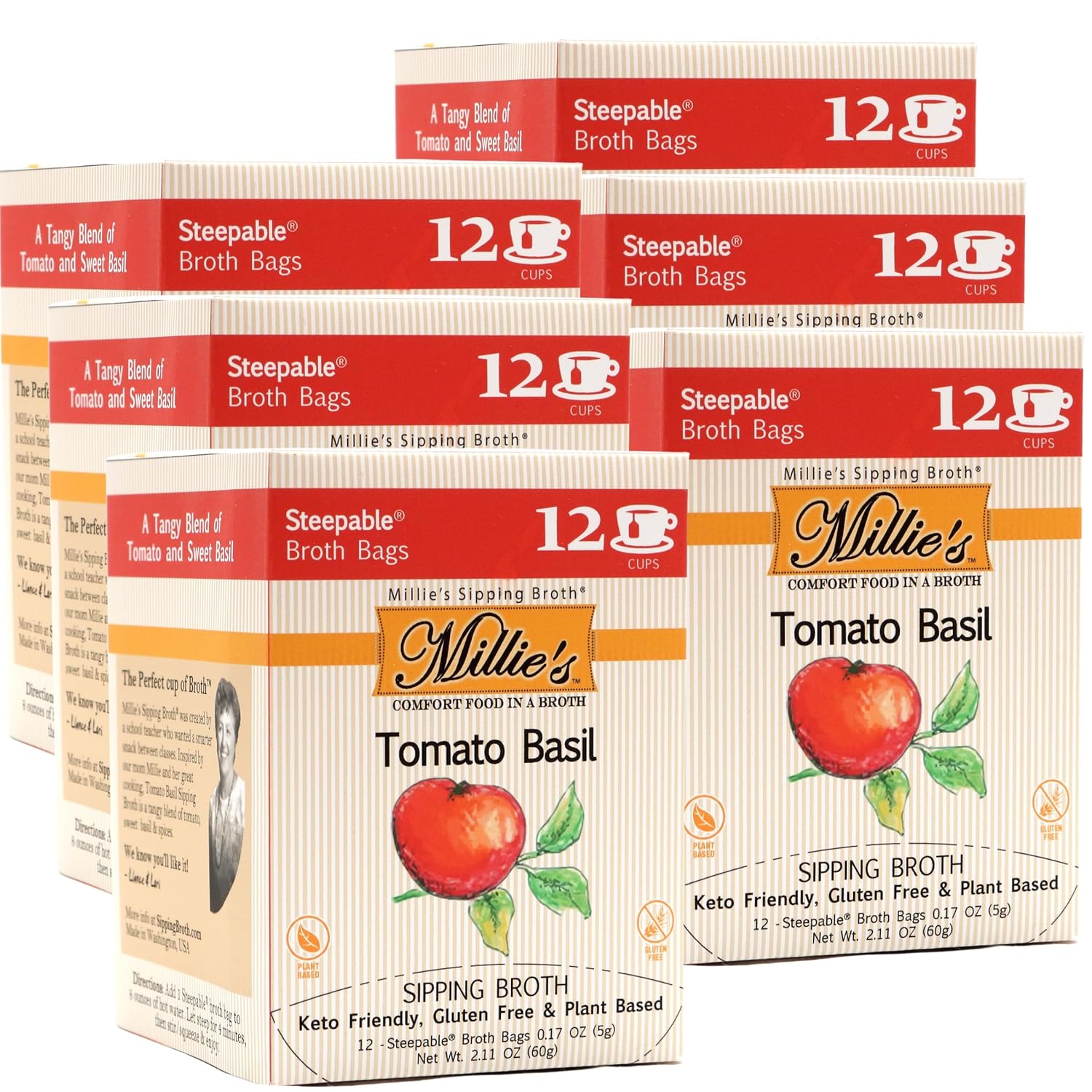 MILLIE'S TOMATO BASIL SIPPING BROTH | Vegetable Broth with Savory Seasonings for Snack Urges | Vegan, Keto, Gluten Free, Intermittent Fasting, and natural | (6 Pack - 72 Broth Bags Total)