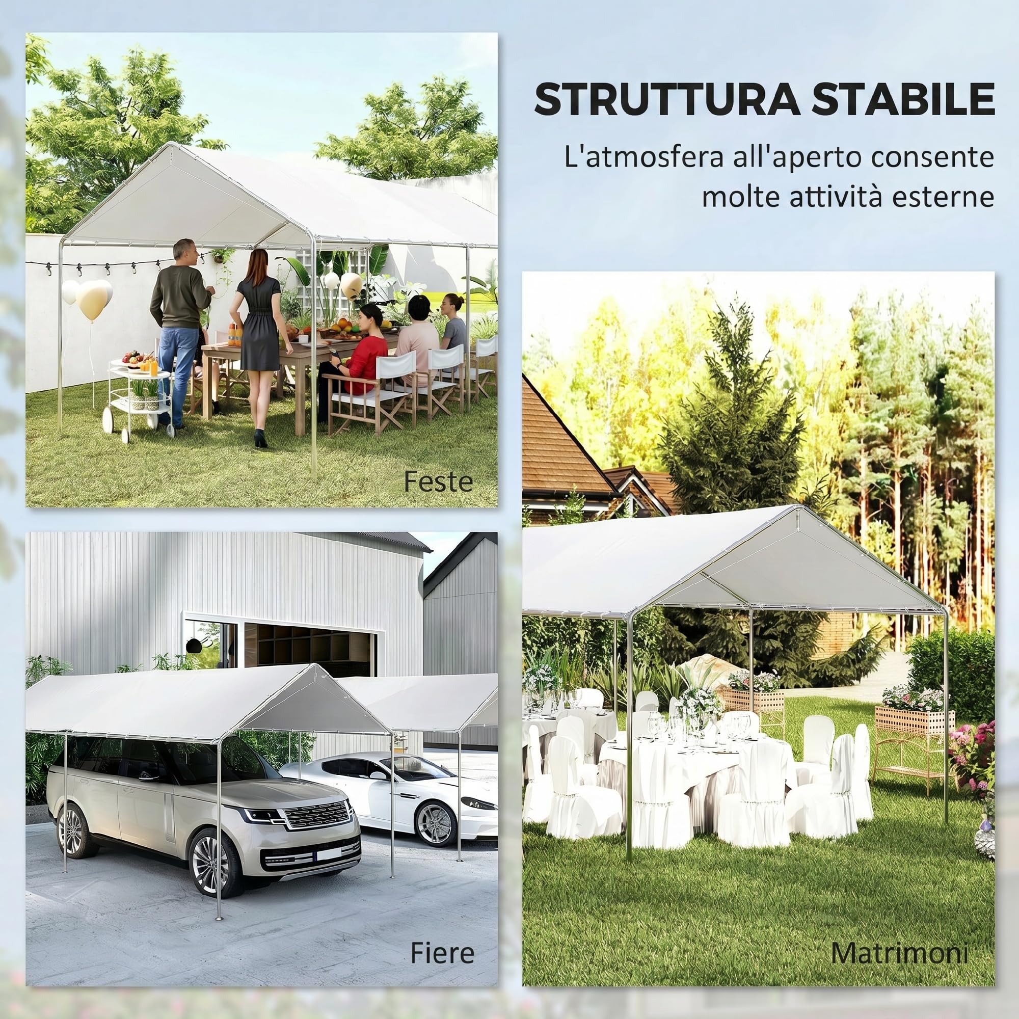 Outsunny Gazebo Copertura per Auto 6x3m Acciaio Zincato Bianco