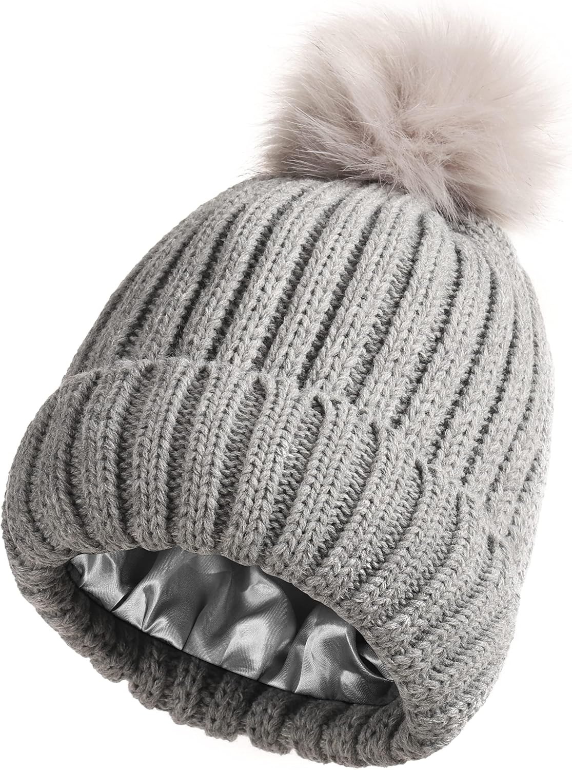 Women Satin Lined Winter Beanie Cable Knit Beanie for Womens Silk Lining Thick Chunky Hats Skull Warm Cap