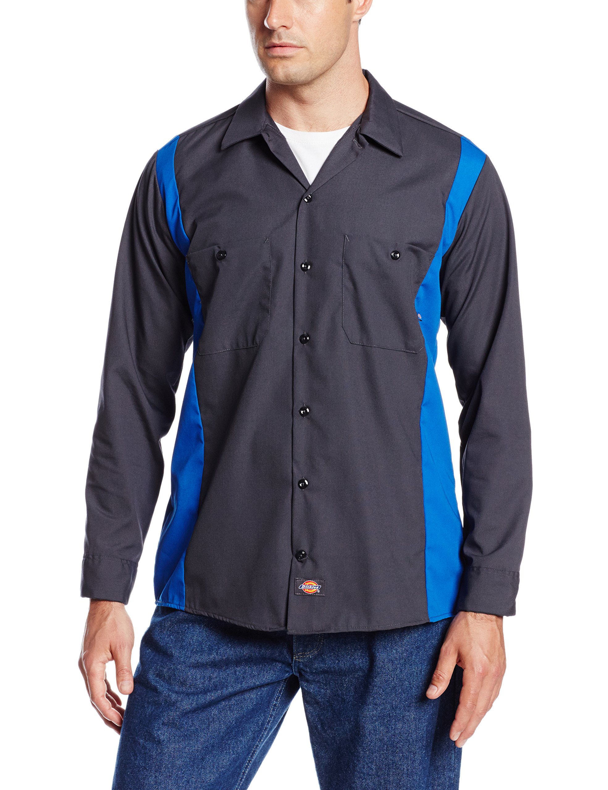 Dickies Occupational Workwear LL524CHRB Polyester/Cotton Men's Long Sleeve Industrial Color Block Shirt, Dark Charcoal/Royal Blue