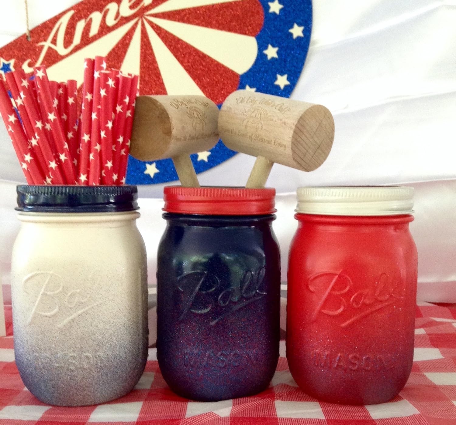 Set of 3 Red, White and Blue and Glitter Mason Jars Centerpieces, Glitter Mason Jars
