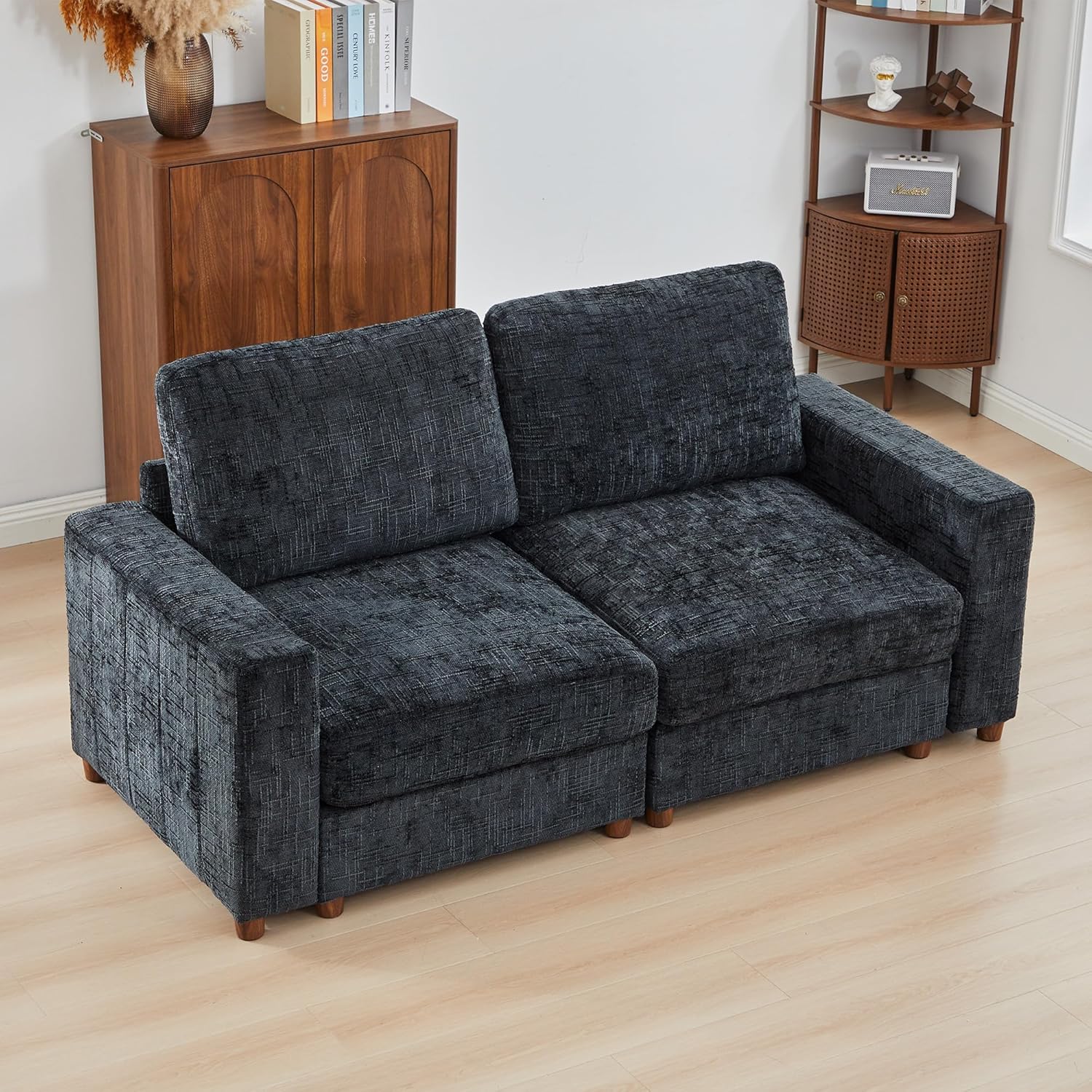 ORRD Comfy Loveset Couch, Chenille 2 Seat Sofa with Pillows, Modern Loveseat Sofa with Storage for Apartment, Living Room, Black Blue