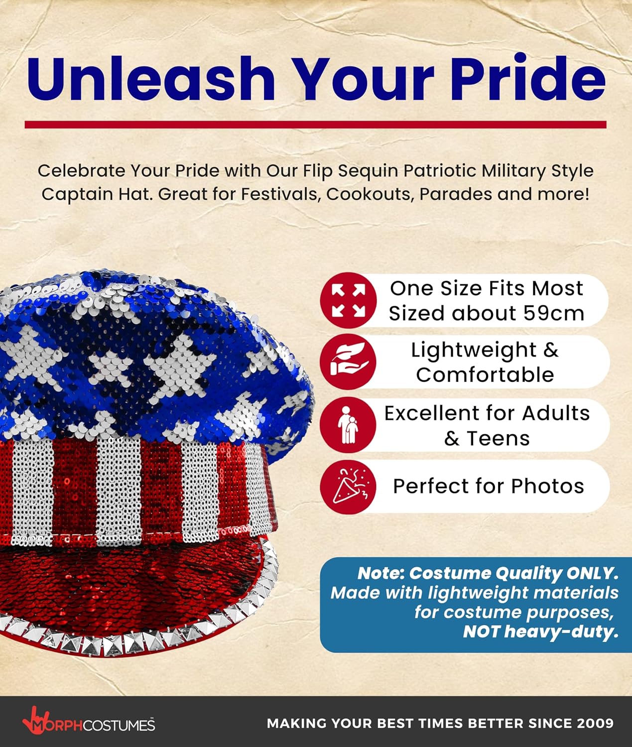 Nicky Bigs Novelties Uncle Sam Hat, 4th Of July Hat, Sequin Hats, Patriotic Hat, American Flag Costume, Red, White And Blue Hats