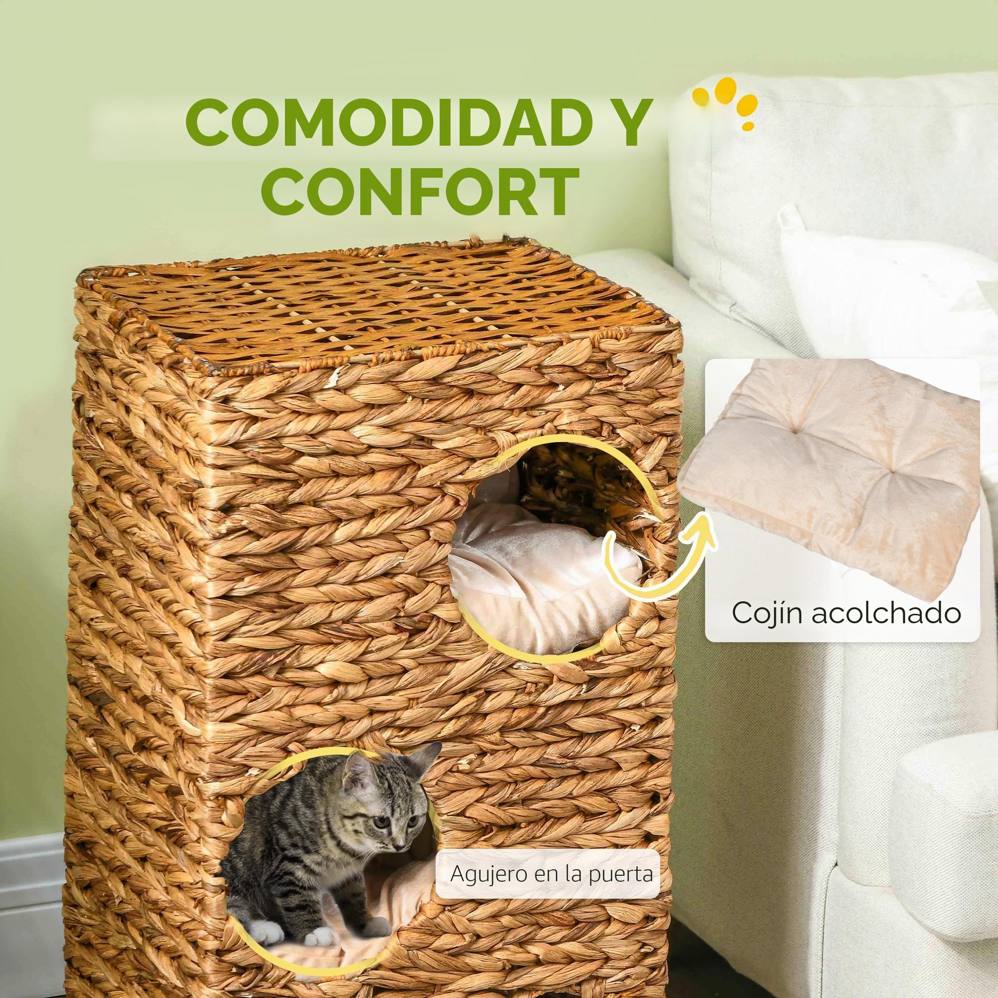 PawHut barril rascador, barril para gatos de 76 cm de altura con 3 cuevas, cojines lavables, poste rascador, torre para gatos hecha de jacinto de agua, marrón claro