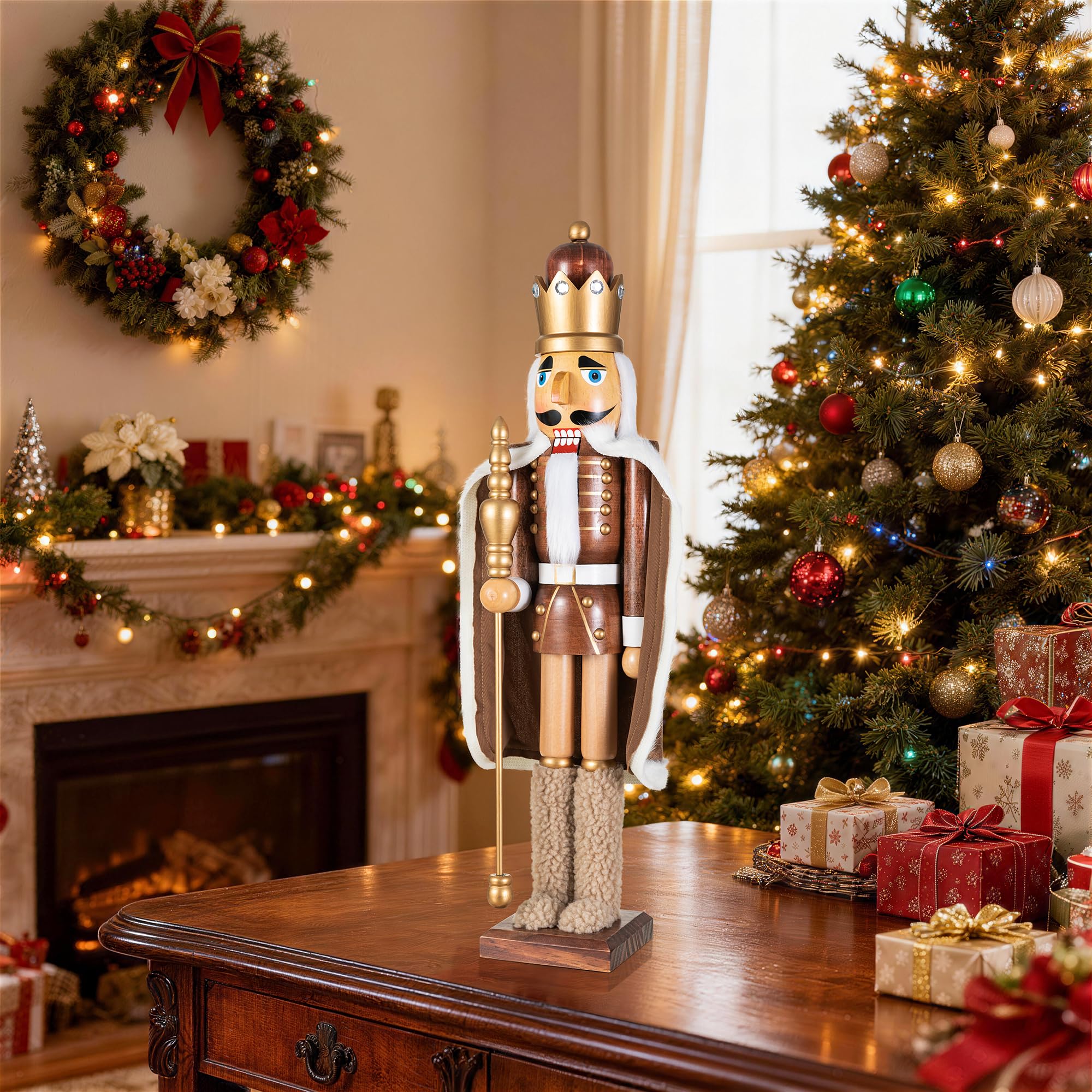 Glitzhome 24" H Wooden Christmas Nutcracker Ornaments Brown King Nutcracker Figurine Christmas Table Decor Traditional Christmas Decor for Tables Desktop Porch Holiday Festive