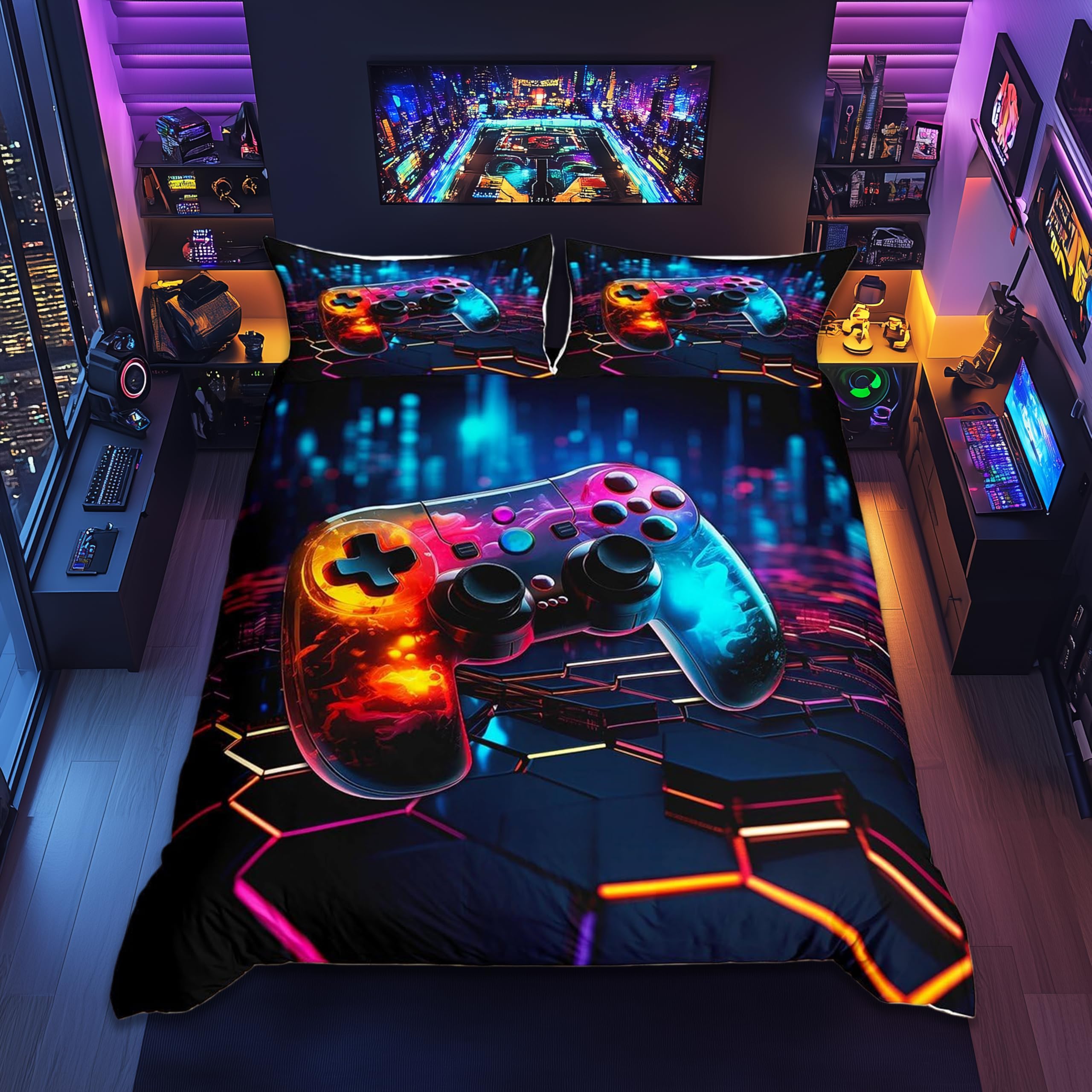 Video Games Duvet Cover Set Queen Size, Geometric Honeycomb Bedding Set 3pcs for Kids Boys Teens, Modern Gamer Gaming Comforter Cover Children Gamepad