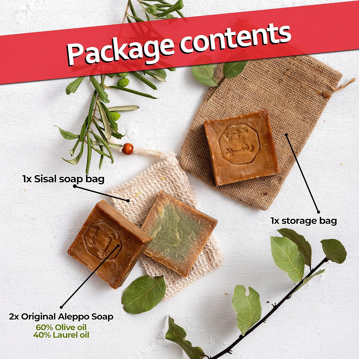 Aleppo Soap Set 3x 60% Olive Oil, 40% Laurel Oil (each ca. 200gr, total ca. 600 gr) + 1x Sisal Soap Bag, Nature, 200 g (Pack of 3) - Image 4
