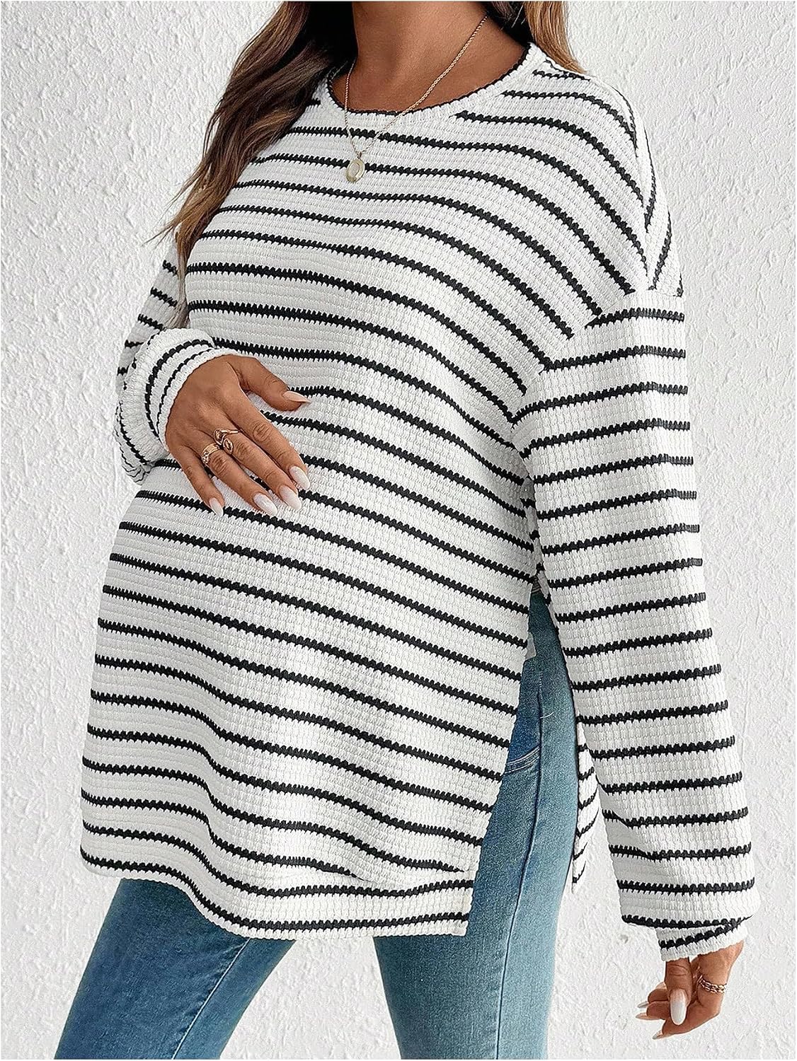 SweatyRocks Women's Maternity Striped Long Sleeve Shirts Fall Crew Neck Loose Pullover Tops
