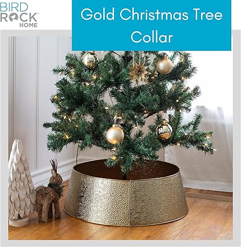 Miniatura 2 de BIRDROCK HOME Collar de árbol de Navidad de 4 paneles  Base de 26 pulgadas  Pequeño  Burbuja dorada  Decoración de falda navideña de metal