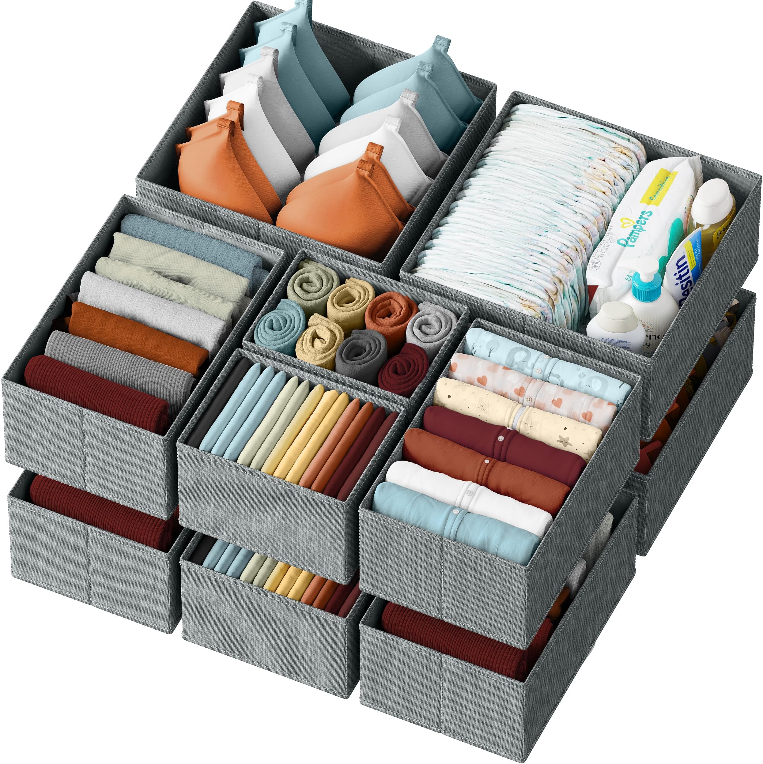 NEATERIZE Drawer Organizer - [Set of 12] - Closet Organizer and Storage Baskets| Foldable Cloth Drawers Divider | Fabric Bin for Dresser & Shelves |Organize Underwear, Socks, Bra, Tie’s (Grey)