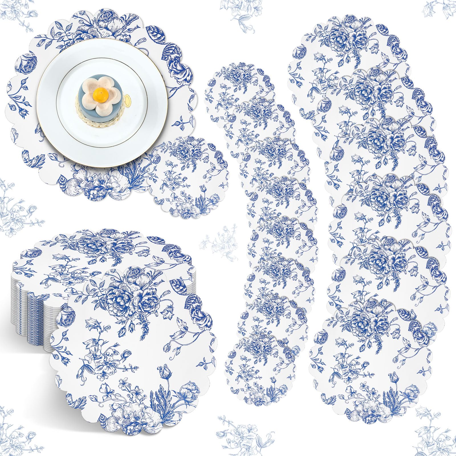 Juego de 100 manteles individuales y vasos desechables de papel con flores azules vintage, decoración de mesa de comedor, banquete floral, vajilla a granel para decoración de mesa, boda