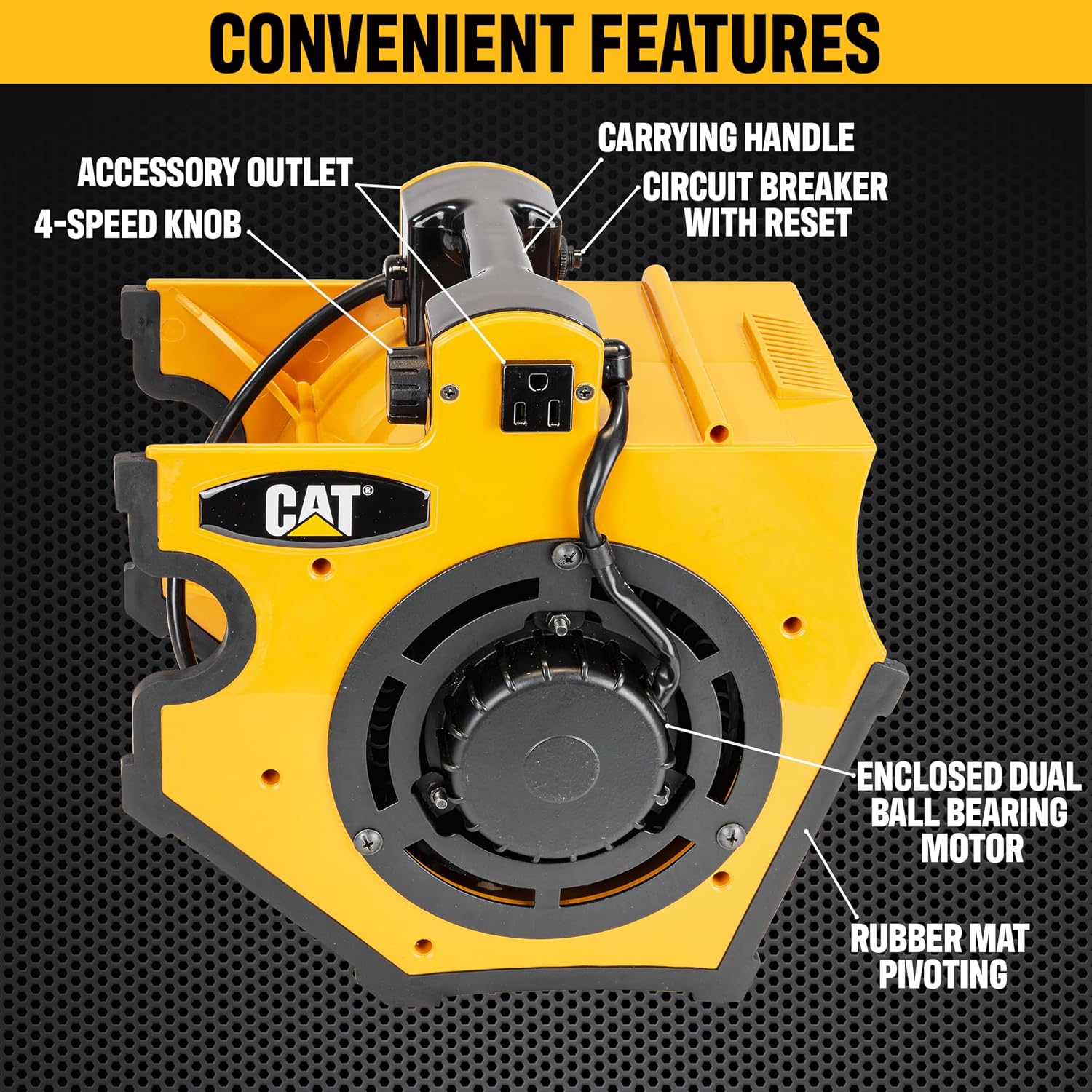 CAT B-300-YW High Velocity 300 CFM, 1/20HP, Multi Pivoting Cooling, Ventilating, Drying Fan W/ 2 Grounded AC Outlets, Adjustable 4 Speed Enclosed Dual Ball Bearing Motor, & GFCI Plug