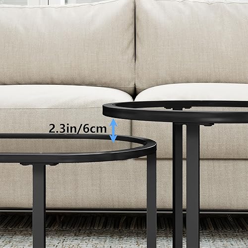 Miniatura 7 de Juego de 2 mesas de centro de cristal, mesa auxiliar moderna negra, mesa central de anidación para sala de estar (negro)