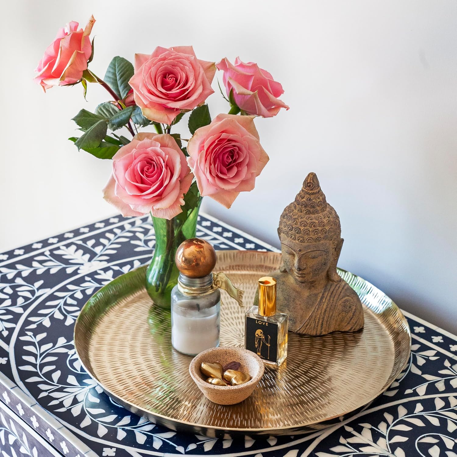 Hammered Brass Circular Tray with Raised Edge – Gold Color Large Round Festive Holiday Serving Dish Platter for Kitchen - Decorative Tray for Home Decor - Vintage Style Boho Decor - 15 in