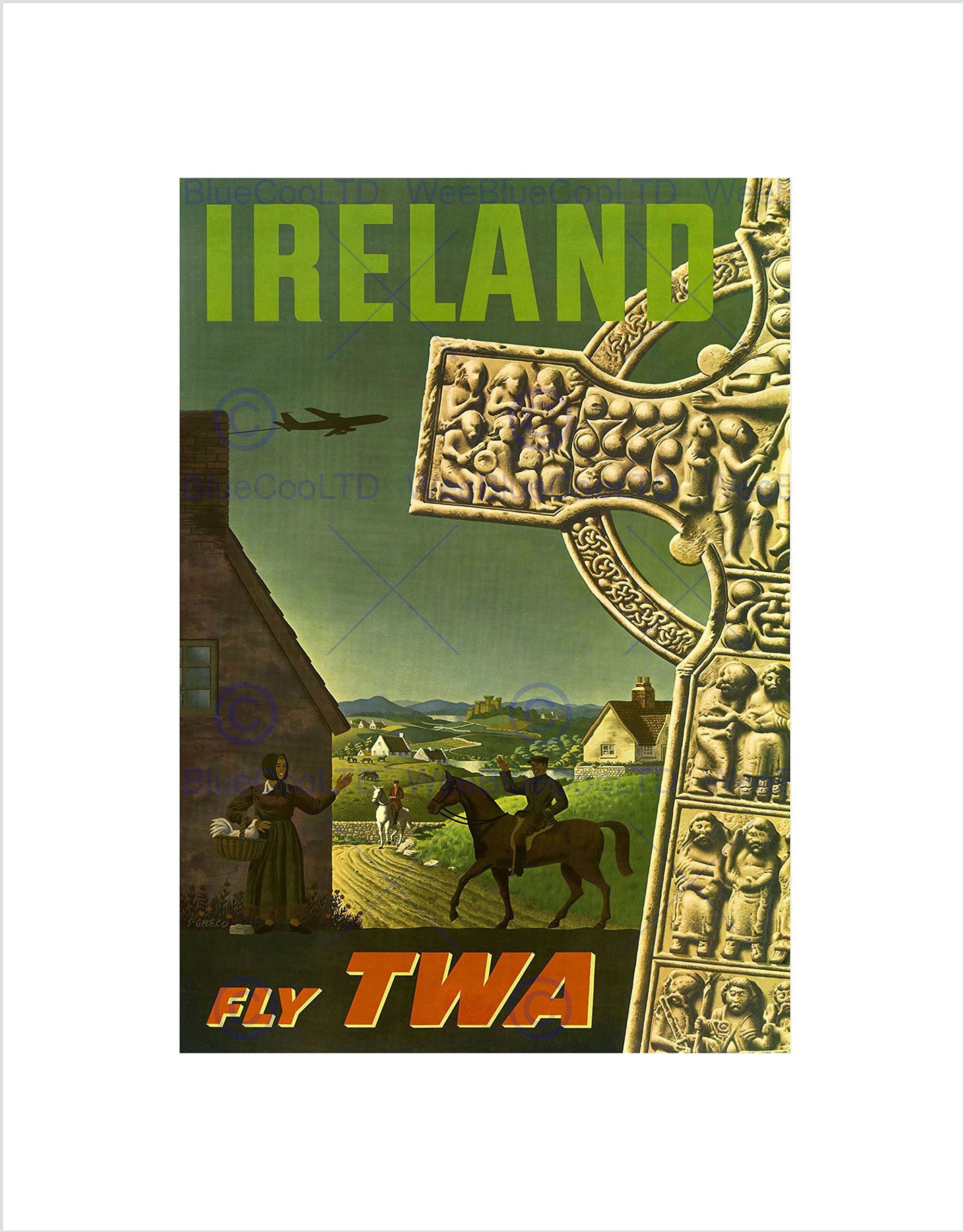 Wee Blue Coo TRAVEL TWA AIRLINE IRELAND CELTIC CROSS RURAL VINTAGE ADVERT ART PRINT B12X1744