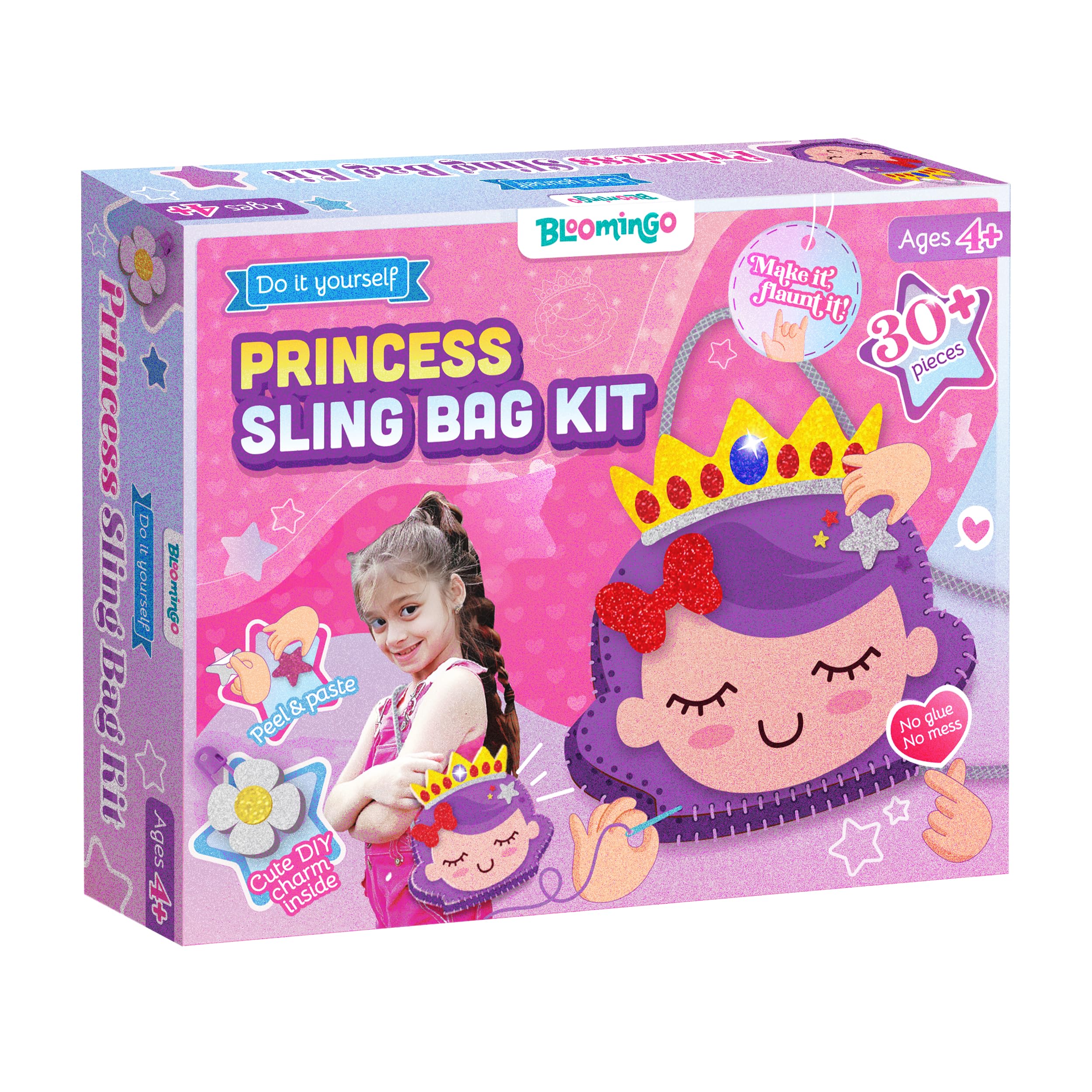 Bloomingo DIY Princess Bag Craft Kit for Girls –Creative Skill-Building Birthday & Return Gift | Make Your Own Sling Bag with Colorful Sewing Pieces | Fun, Creative & Learning Toy for Kids Age 4+