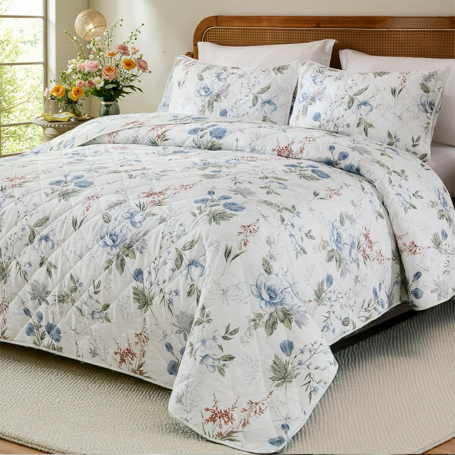 Green Floral Quilt Set Queen Size 100% Cotton Quilt Bedding Sets - Green Flower Leaf Print Botanical Bedding - Lightweight Coverlet Ultra Soft Bedspread Set with Pillowcases for All Season