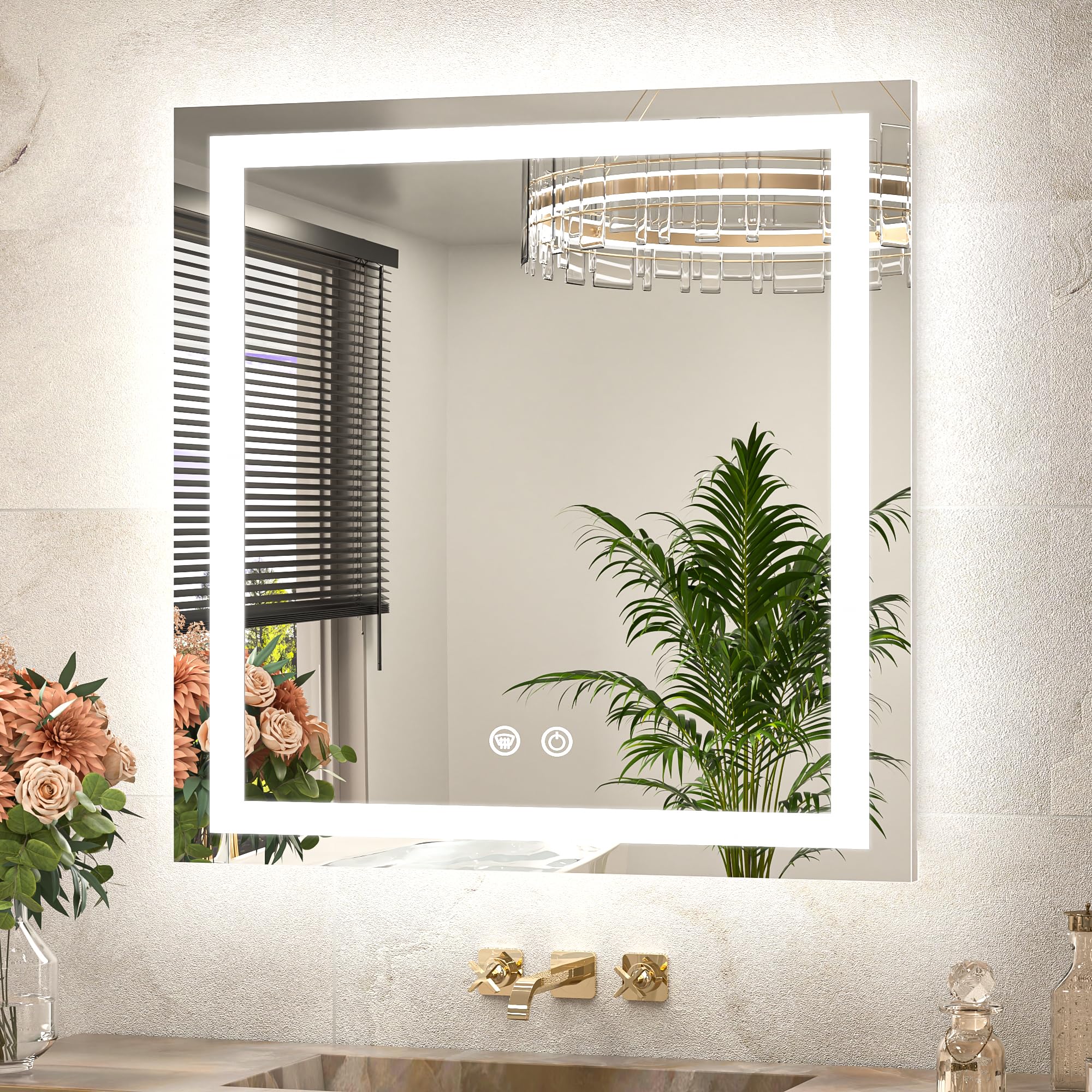 TETOTE 28 x 28 Inch LED Bathroom Mirror with Frontlit and Backlit, Brighter Light up Bathroom Vanity Mirror with Lights, 3-Color Dimmable Illuminated Anti Fog Mirror Wall Mounted, Waterproof