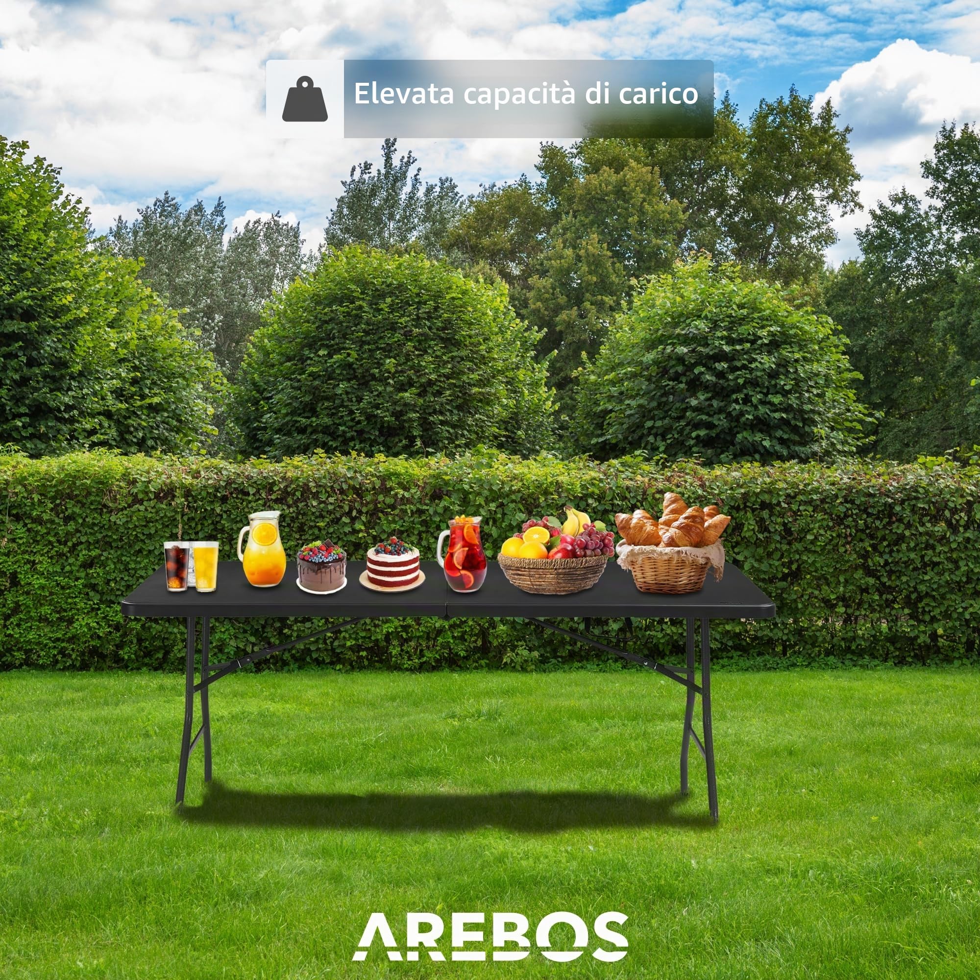 AREBOS Tavolo Pieghevole da Giardino Bianco perfetto come Tavolo da Campeggio, da Buffet, da Cucina | Tavolino Esterni Richiudibile a Valigetta con Maniglia | 182 cm | Antracite
