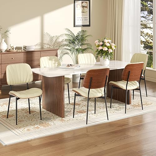 Miniatura 7 de Juego de 4 sillas de comedor con respaldo de madera maciza, sillas modernas tapizadas de piel sintética para cocina, comedor, color beige