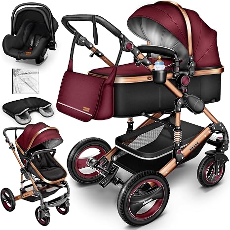 KIDUKU ® 3 in 1 stroller XXL complete set combi stroller set incl. Baby tub buggy sports seat & car baby seat footmuff Whole rubber tires diaper hand warmer rain protection children's table ECE R129