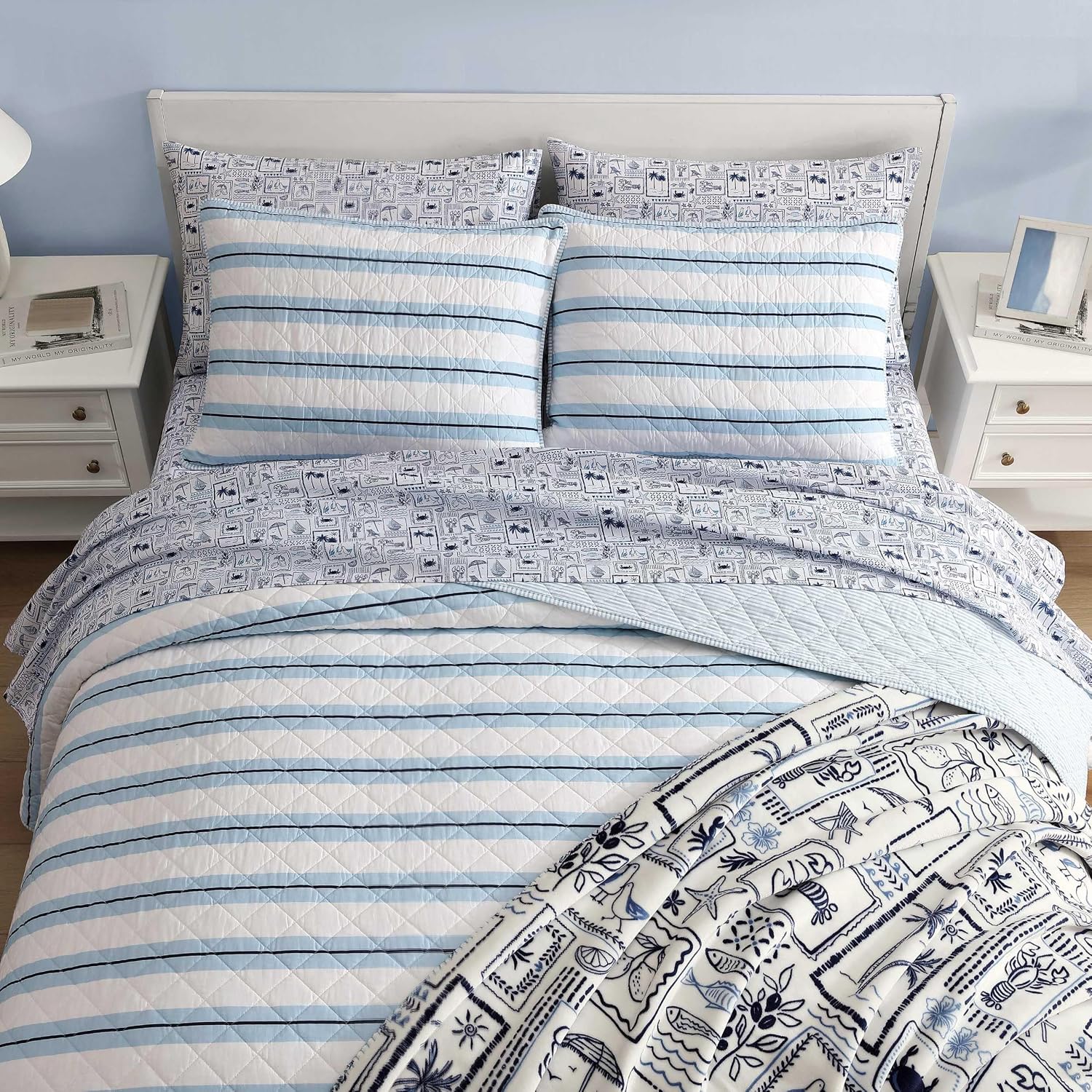 Nautica - Twin Quilt Set, Soft & Reversible Cotton Bedding with a Smooth Finish, 2 Piece Striped Bed Set with Matching Pillowcase (Tim Stripe/Penny Pinstripe Blue)