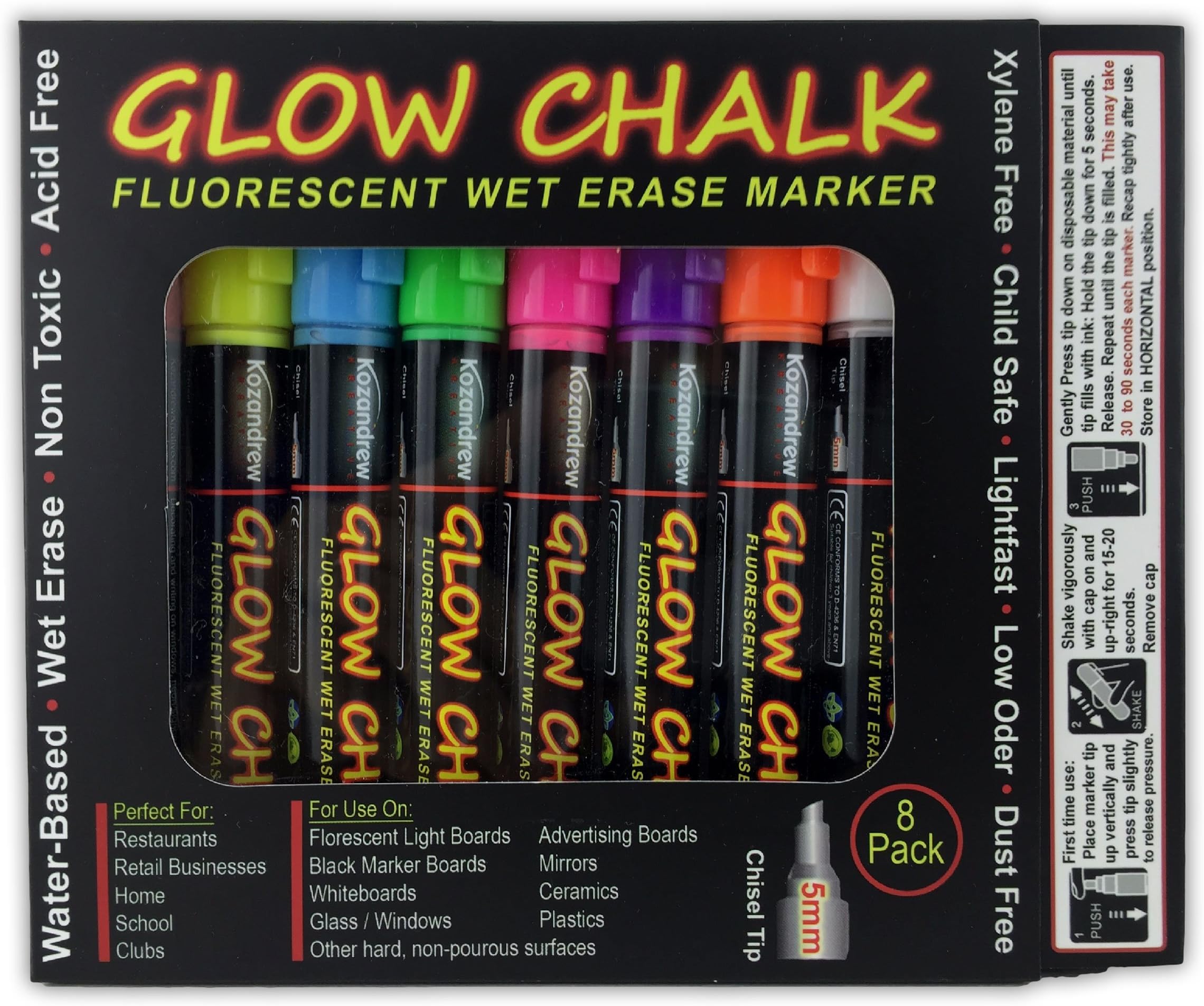 Liquid Chalk Wet Erase Markers - 8 Color Set - Comes in 8 Vibrant, Neon Colors - 5MM Chisel Tips for Wide & Narrow Strokes - No-Drip/Mess - Artist Markers