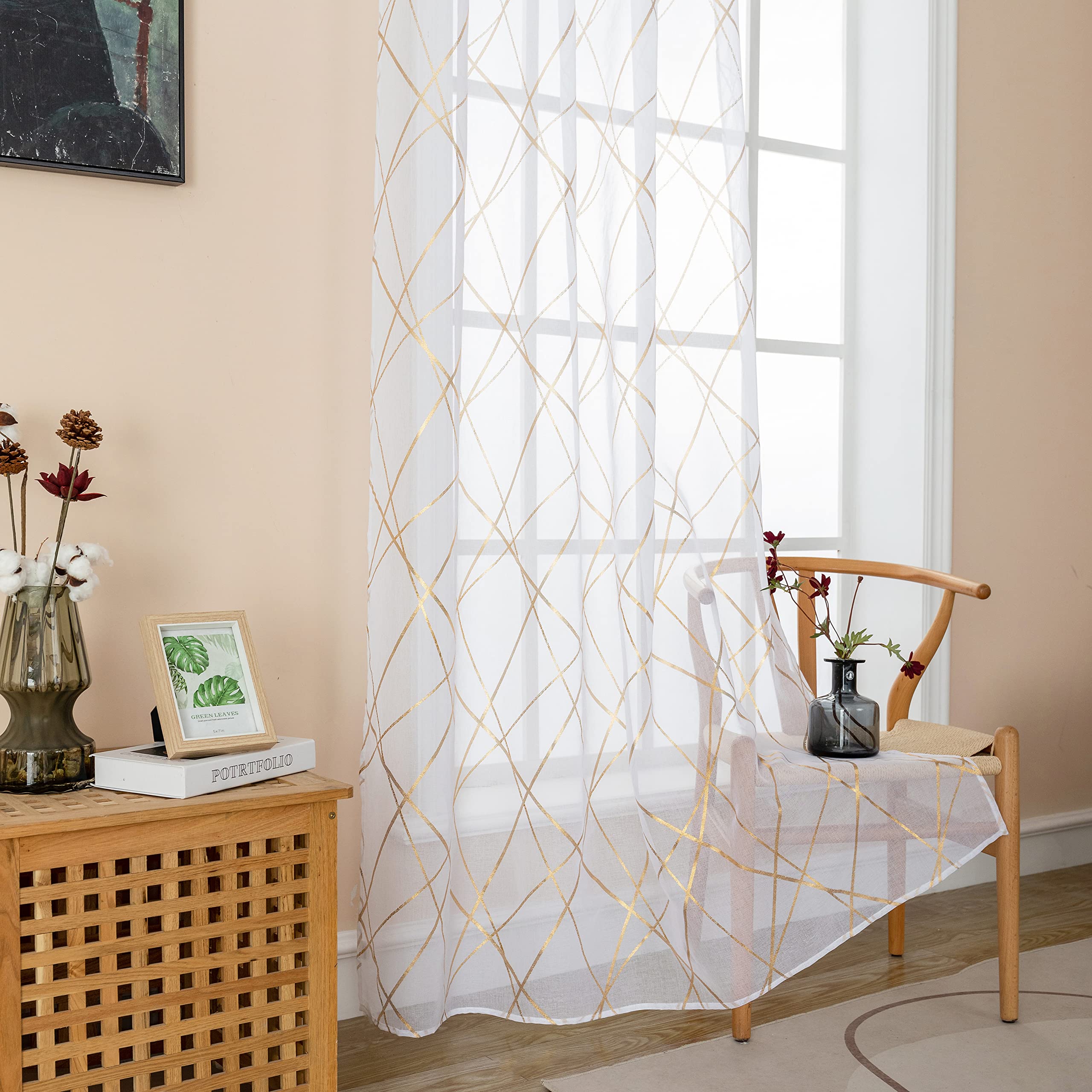 GIRASOLE HOME® Paire de rideaux en voile filtrant à motif géométrique doré, tenture blanche pour intérieur avec œillets, 2 panneaux (Géométrie or, 140 x 290 cm)