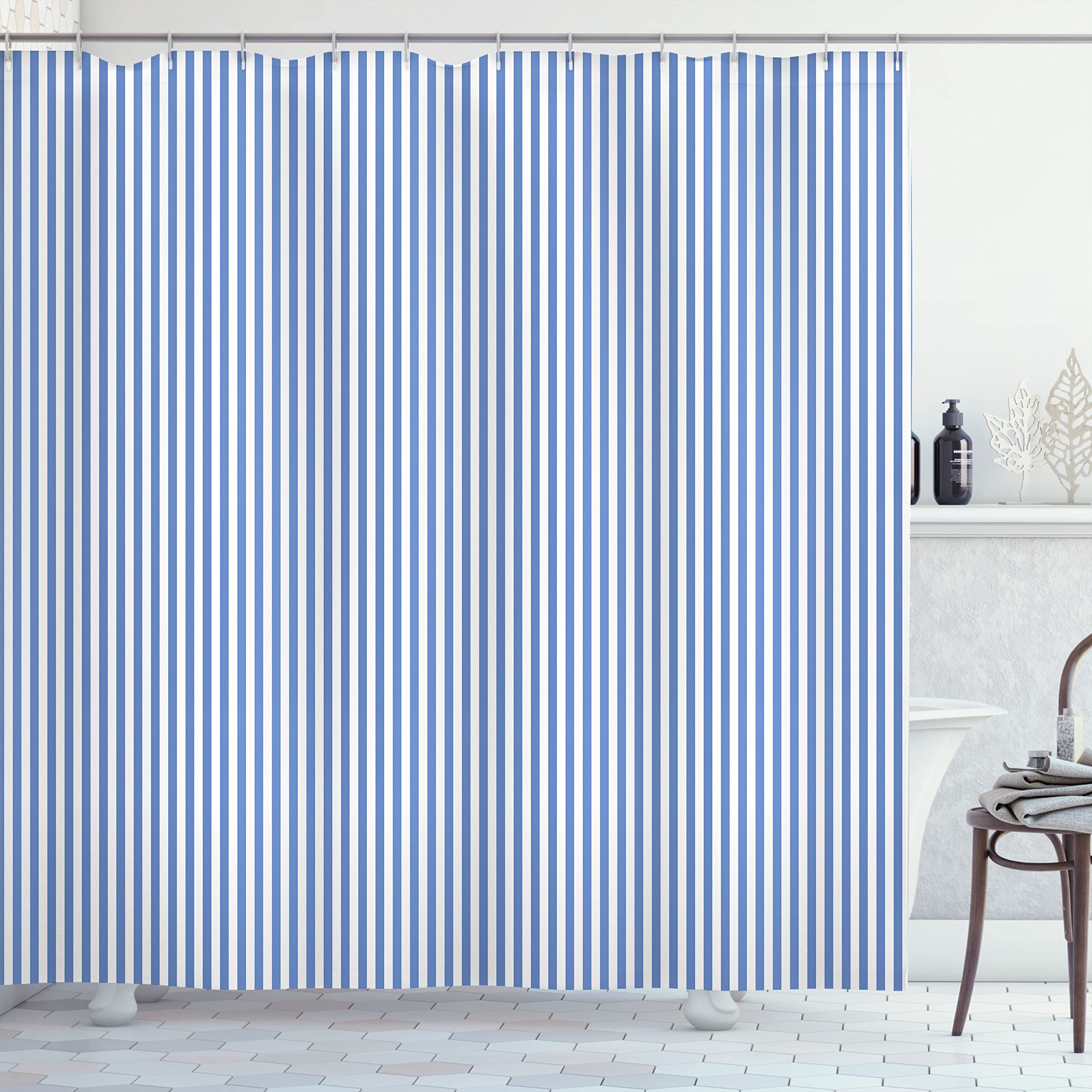 Lunarable Striped Shower Curtain, Nautical Concept Sailor Style Blue and White Simple Minimalistic Stripes, Cloth Fabric Bathroom Decor Set with Hooks, 69