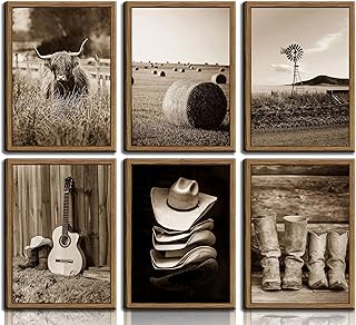 INADIKEIN 6PCS Vintage Western Cowboy Wall Art, Highland Cattle Rustic Farmhouse Canvas, 8x10 Inch Unframed, for Bedroom Kitchen Rustic Western Decor