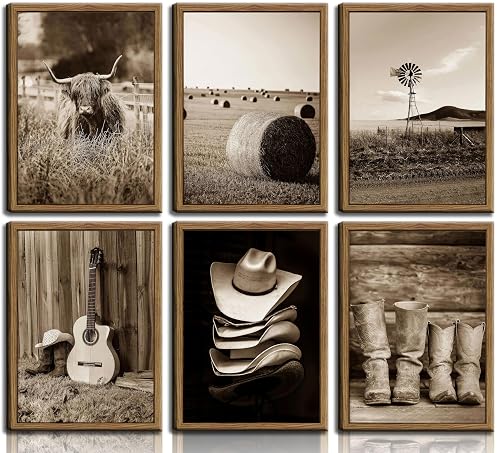 6Pcs Vintage Western Cowboy Wall Art, Highland Cattle Prints, 10"