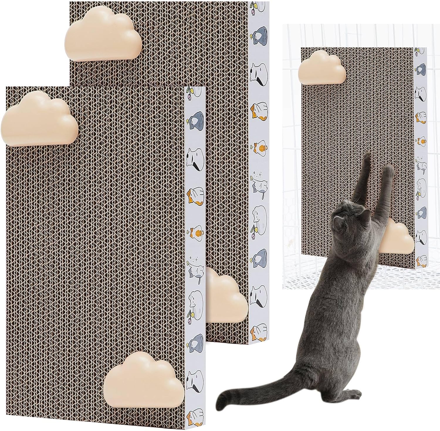 Dansydaisy 2 Pack Cat Scratcher Cat Scratching Cardboard Post for Cage 12" x 8" Wall Mounted Scratcher Board for Indoor with Cloud-Shaped Holders Double-Sided Usability