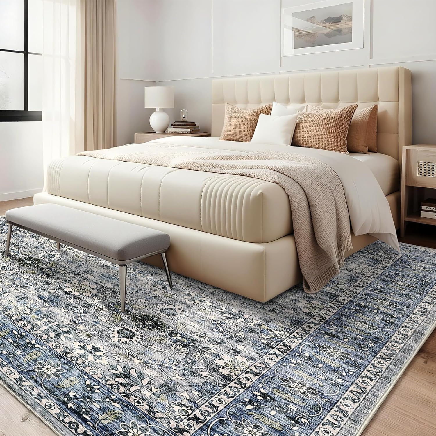 garveehome vintage 3?5 area rug, non slip backing washable stain resistant super soft distressed persian rug, ideal for high traffic areas in bedroom, living room, kitchen, grey 3' x 5' (rectangular) grey