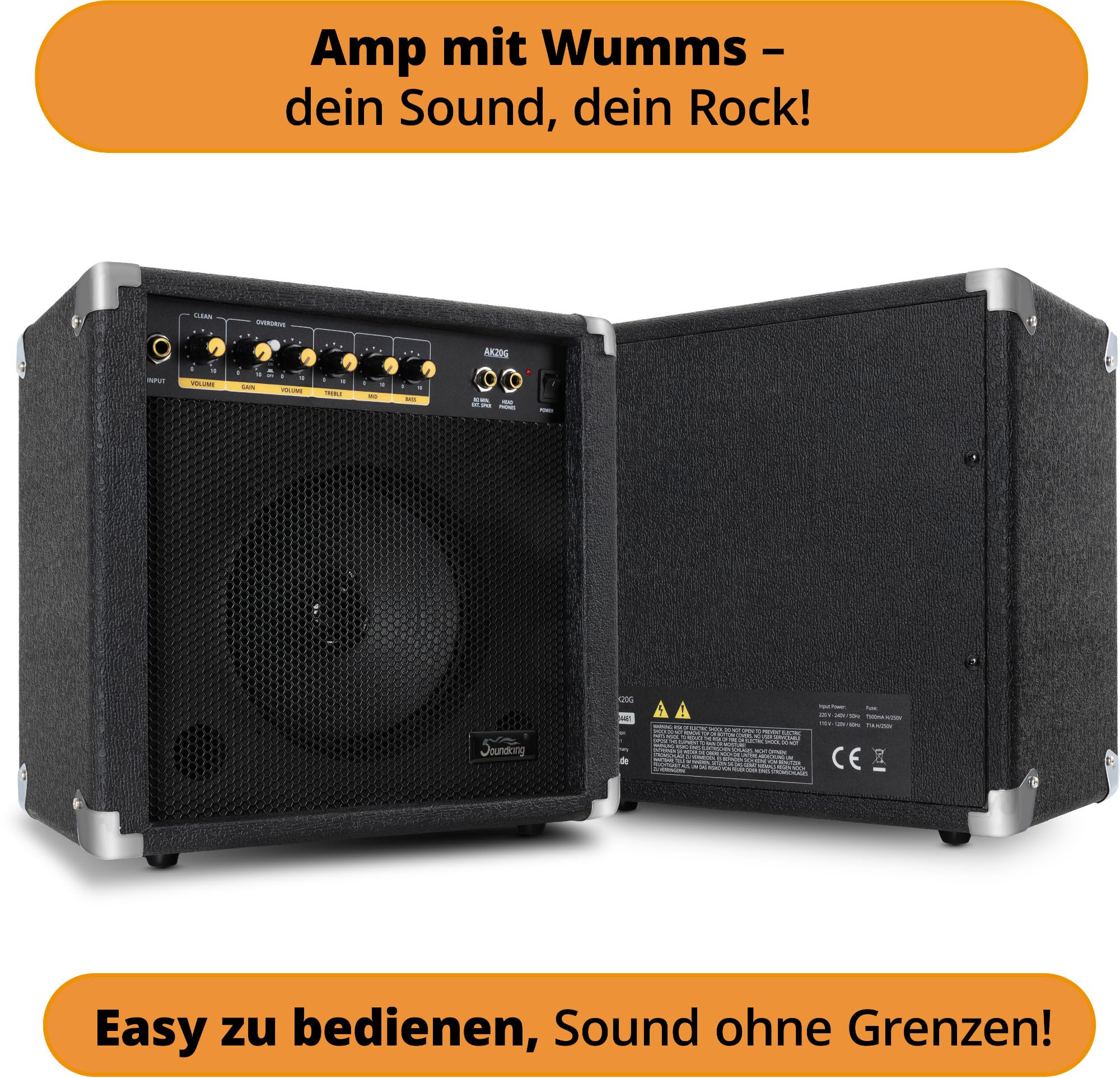 Amplificador Guitarra Soundking AK20-G 60W, Ecualizador 3 Bandas, Altavoz 8", 2 Canales, Salida Auriculares y Altavoz, Ideal Principiantes, Esquinas Protectores Extra Resistentes.