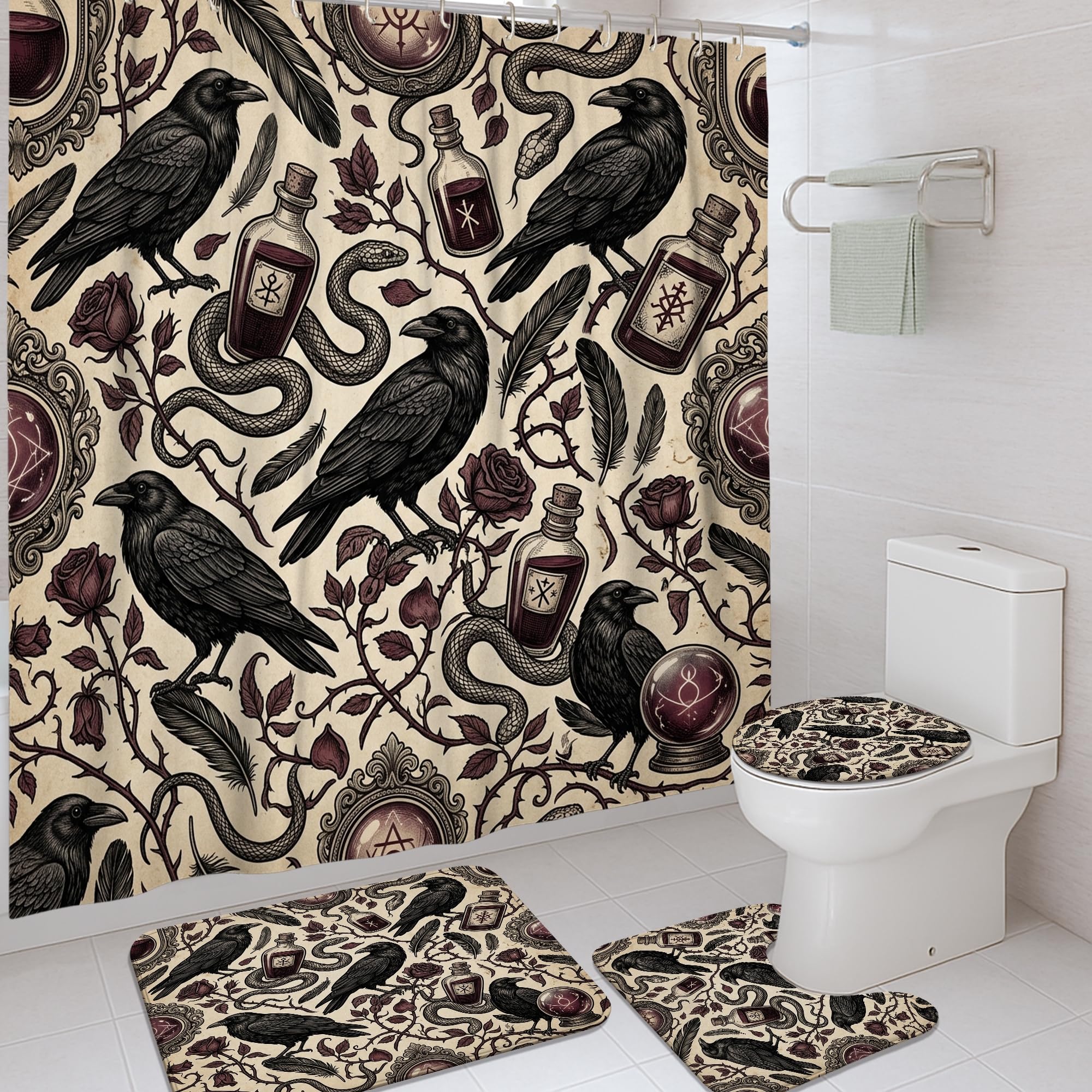 Rideau de douche imperméable motif serpent et rose avec tapis de bain noir