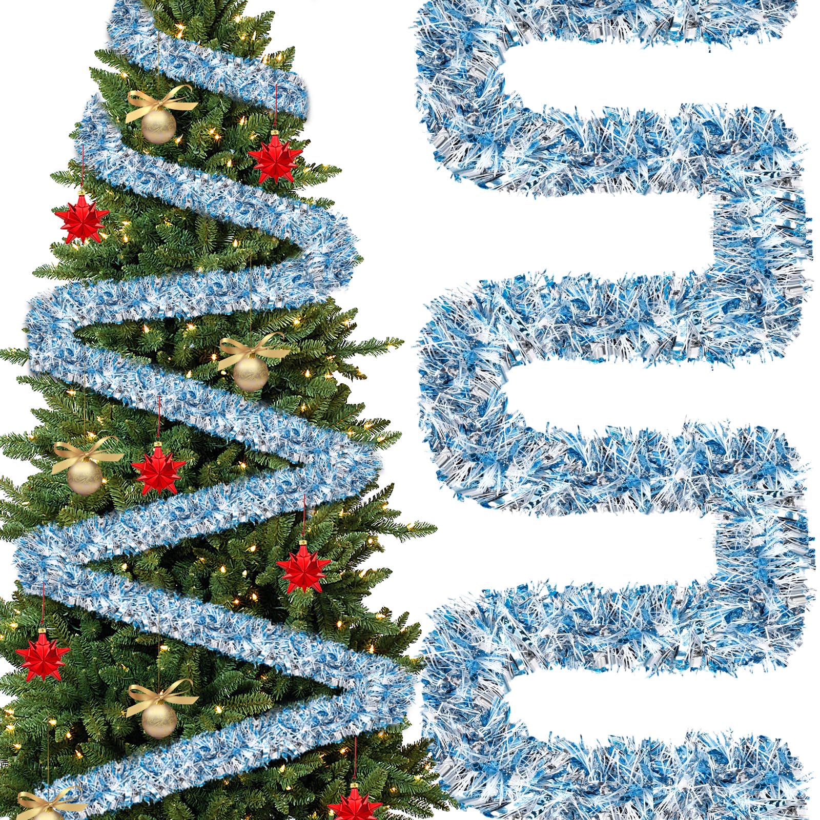 177 Feet Christmas Tinsel Garland Metallic Shiny Hanging Christmas Tree Tinsel Garland Ornaments for Indoor Outdoor Party Wedding Holiday(Blue White Silver)