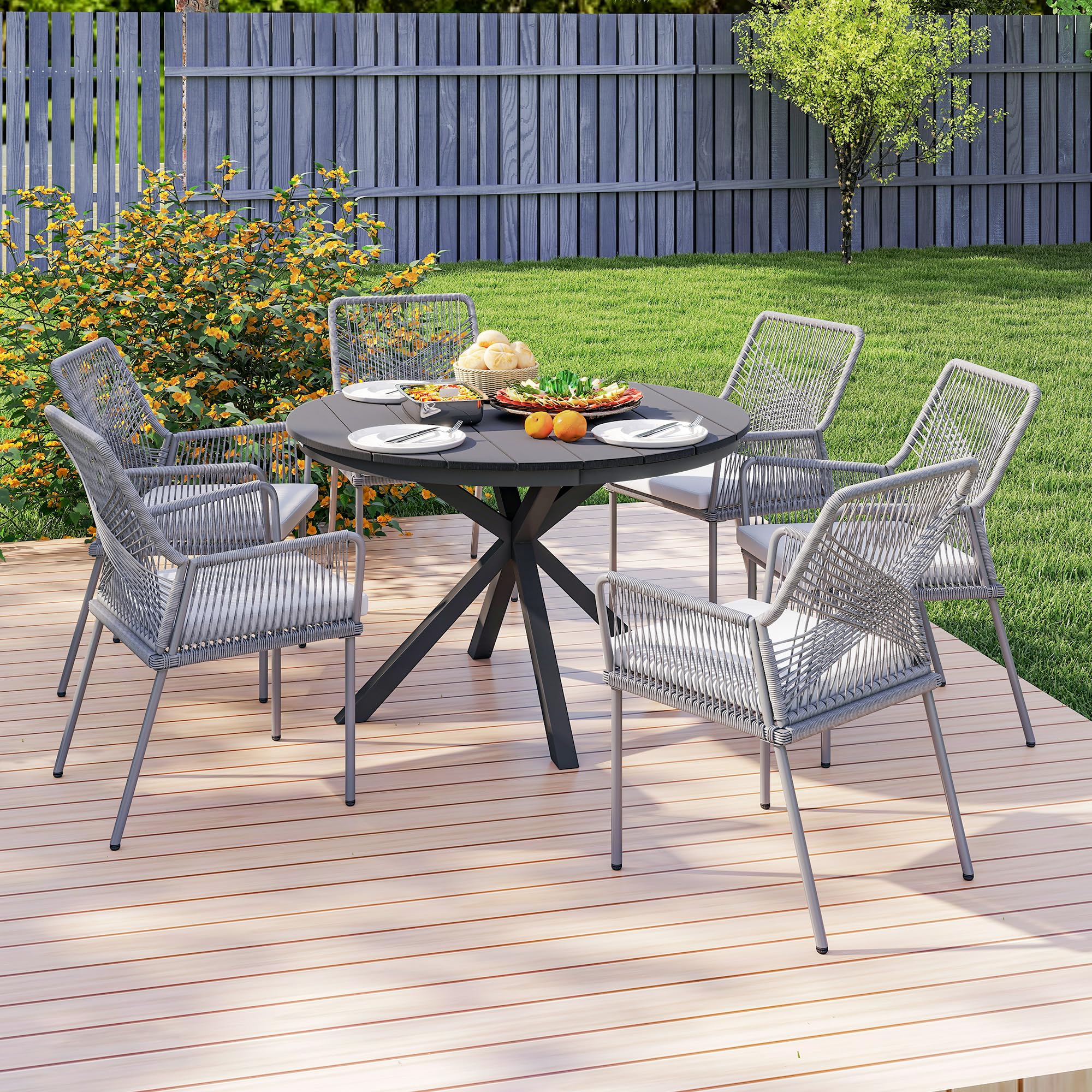 Outsunny Table à Manger de Jardin Ronde Ø 118 cm Aluminium Plateau Effet Bois Patins réglables Noir