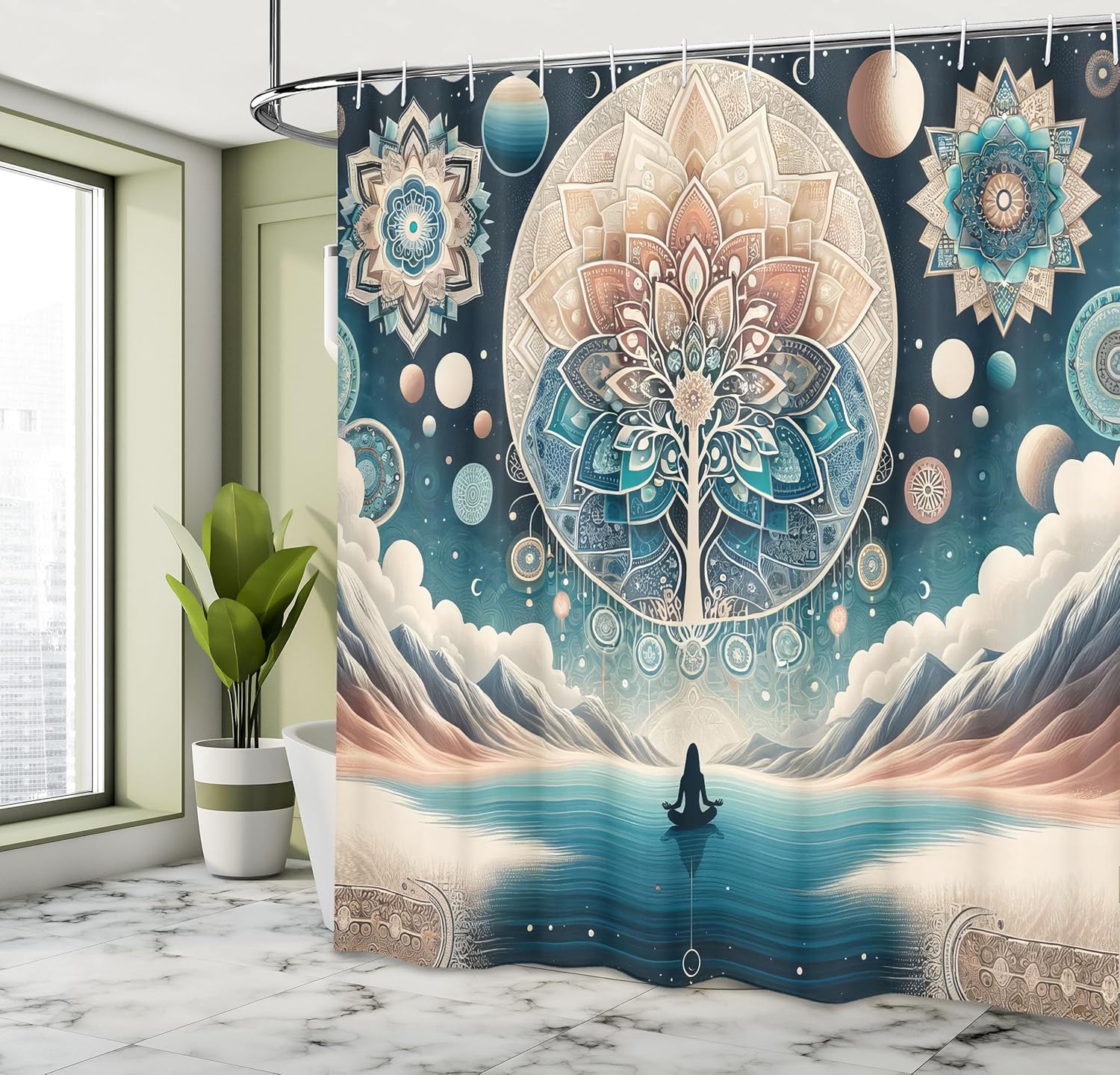 Ambesonne Mandala Shower Curtain, Ethnic Folk Art to Mystic Lands Arcane World Mountains of Universe, Cloth Fabric Bathroom Decor Set with Hooks, 69" W x 84" L, Dark Turquoise and Peach