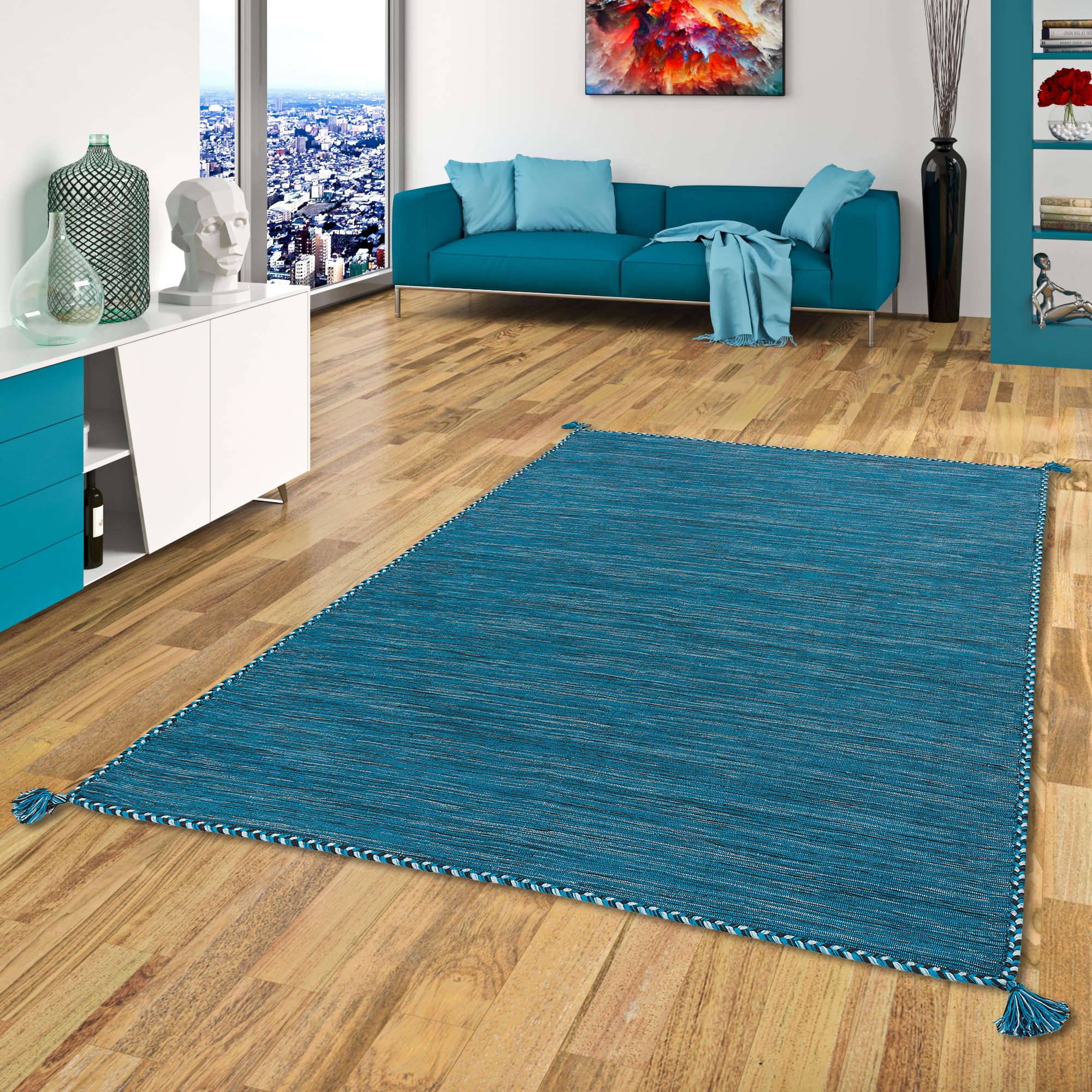 Prico - Tapis Kilim Naturel - Bleu pétrole - 8 Tailles Disponibles