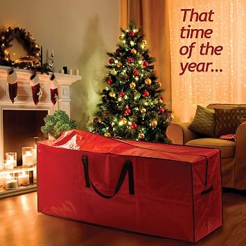Sagler 9 ft Christmas Tree Storage Bag - Waterproof, Heavy-Duty, Large Christmas Tree Bag - Reinforced Handles, Dual Zipper, Label & Side Pocket - Protection From Dust, Water - Red, 50x15x20