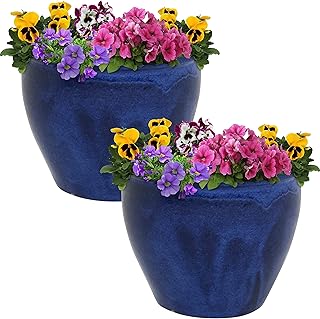 Sunnydaze Round Ceramic Planter - Set of 2 Indoor or Outdoor Plant Pots ...