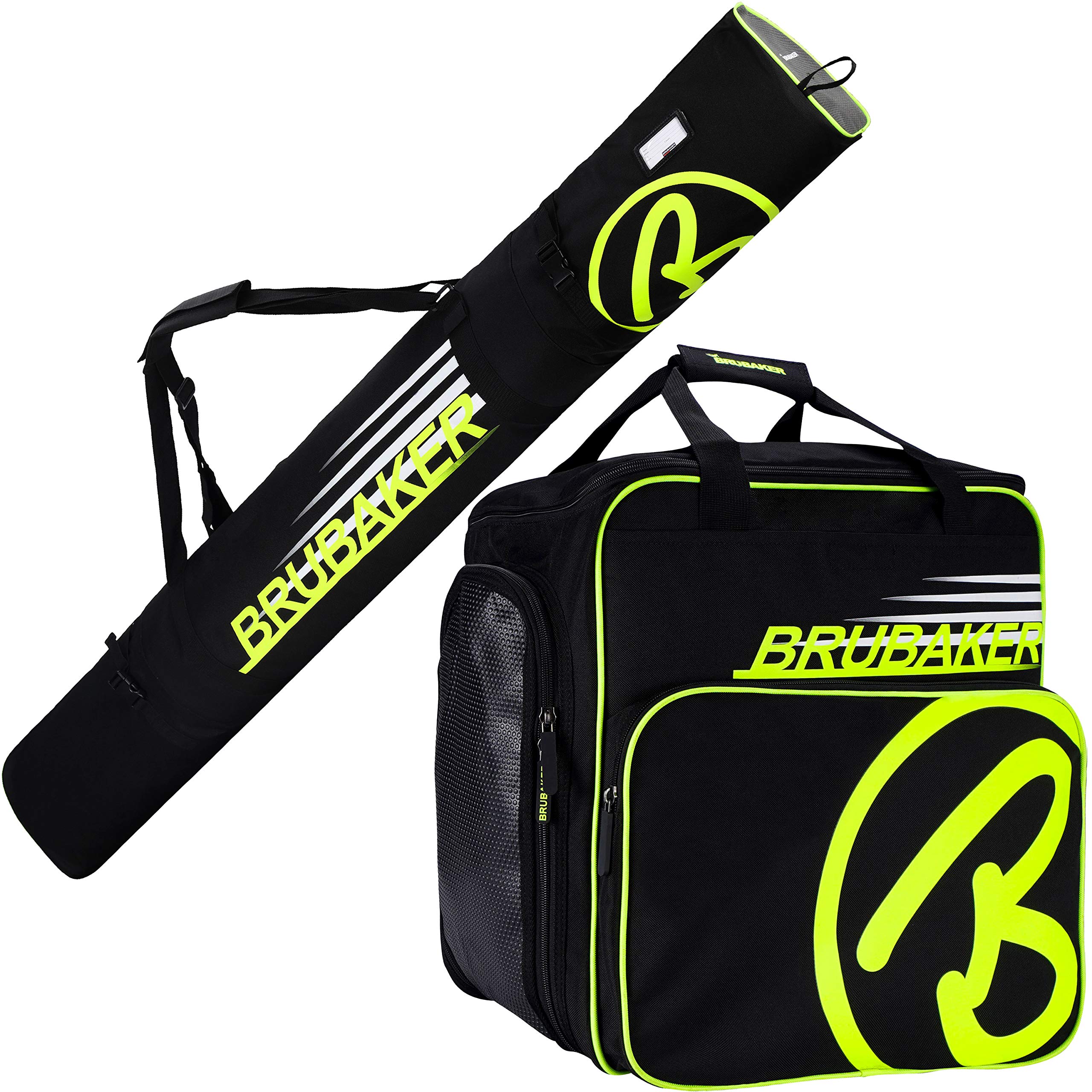 BRUBAKER Combo Set Carver Champion - Ski Bag and Ski Boot Bag For 1 Pair of Skis + Poles + Boots + Helmet - Black/Neon Yellow - 66 7/8 Inches / 170 Cm